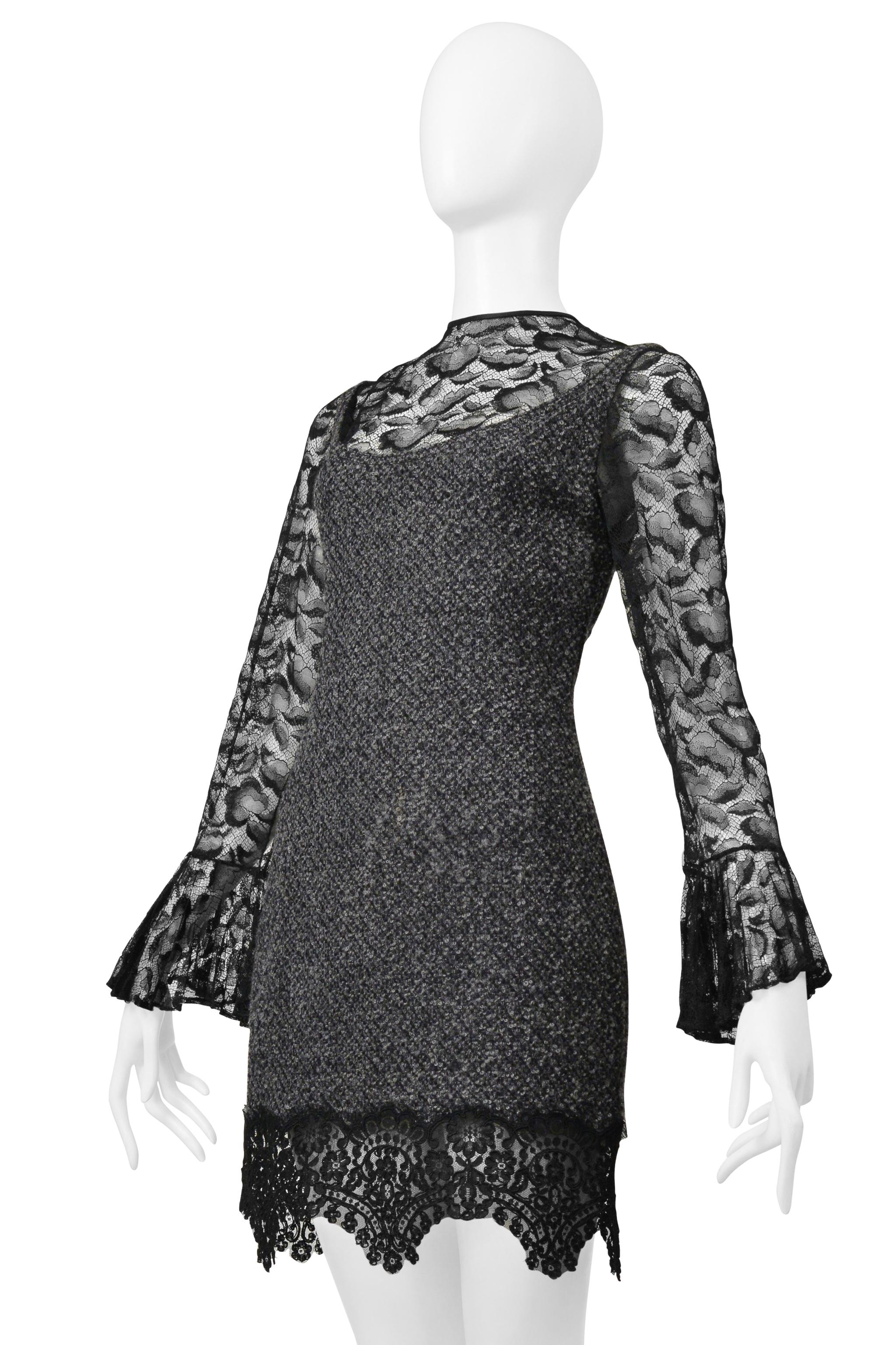 James Galanos Grey Boucle Illusion Dress With Black Lace For Sale 3
