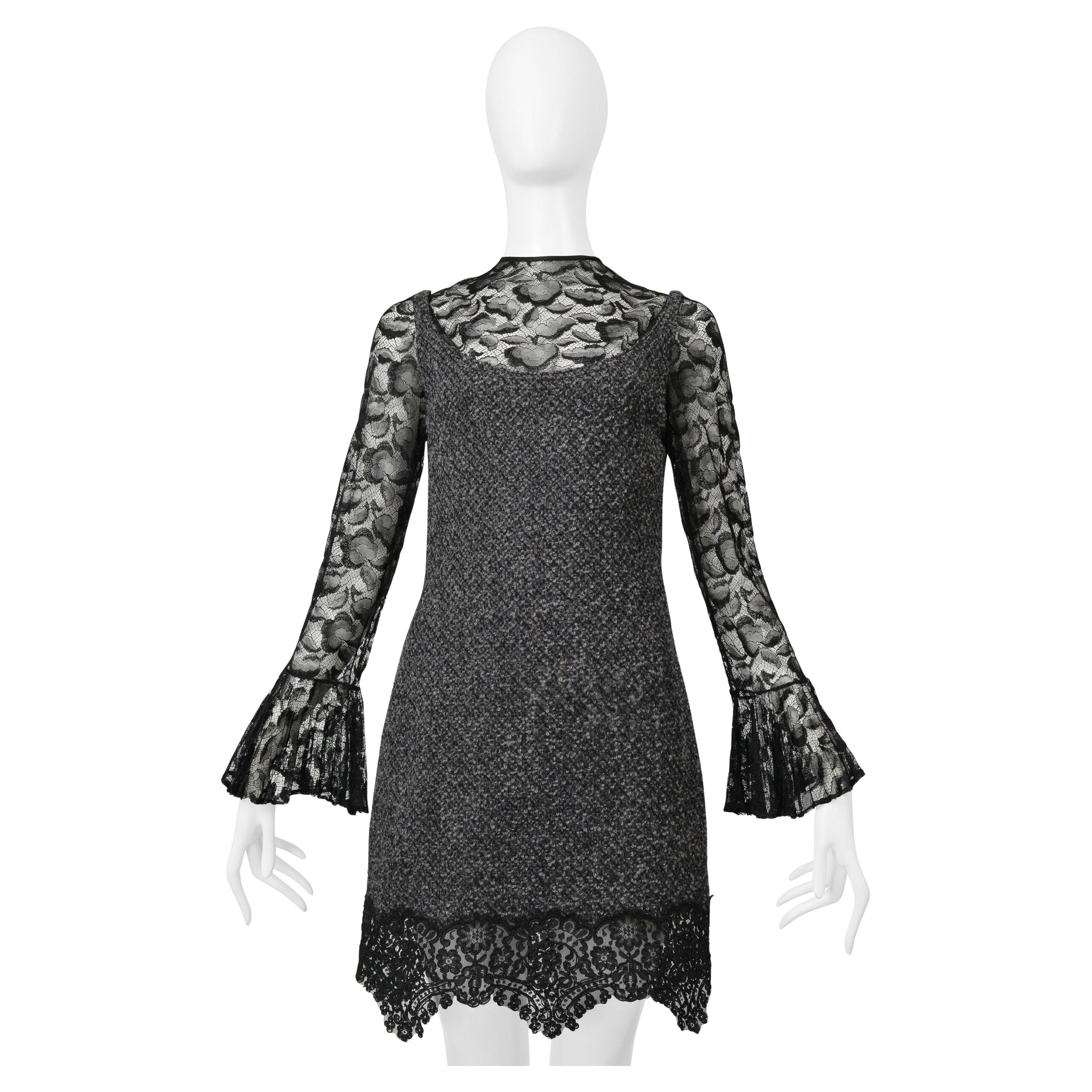 James Galanos Grey Boucle Illusion Dress With Black Lace For Sale