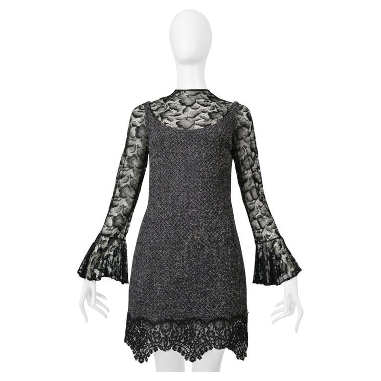 James Galanos Grey Boucle Illusion Dress With Black Lace James Galanos Grey Boucle Illusion Dress With Black Lace