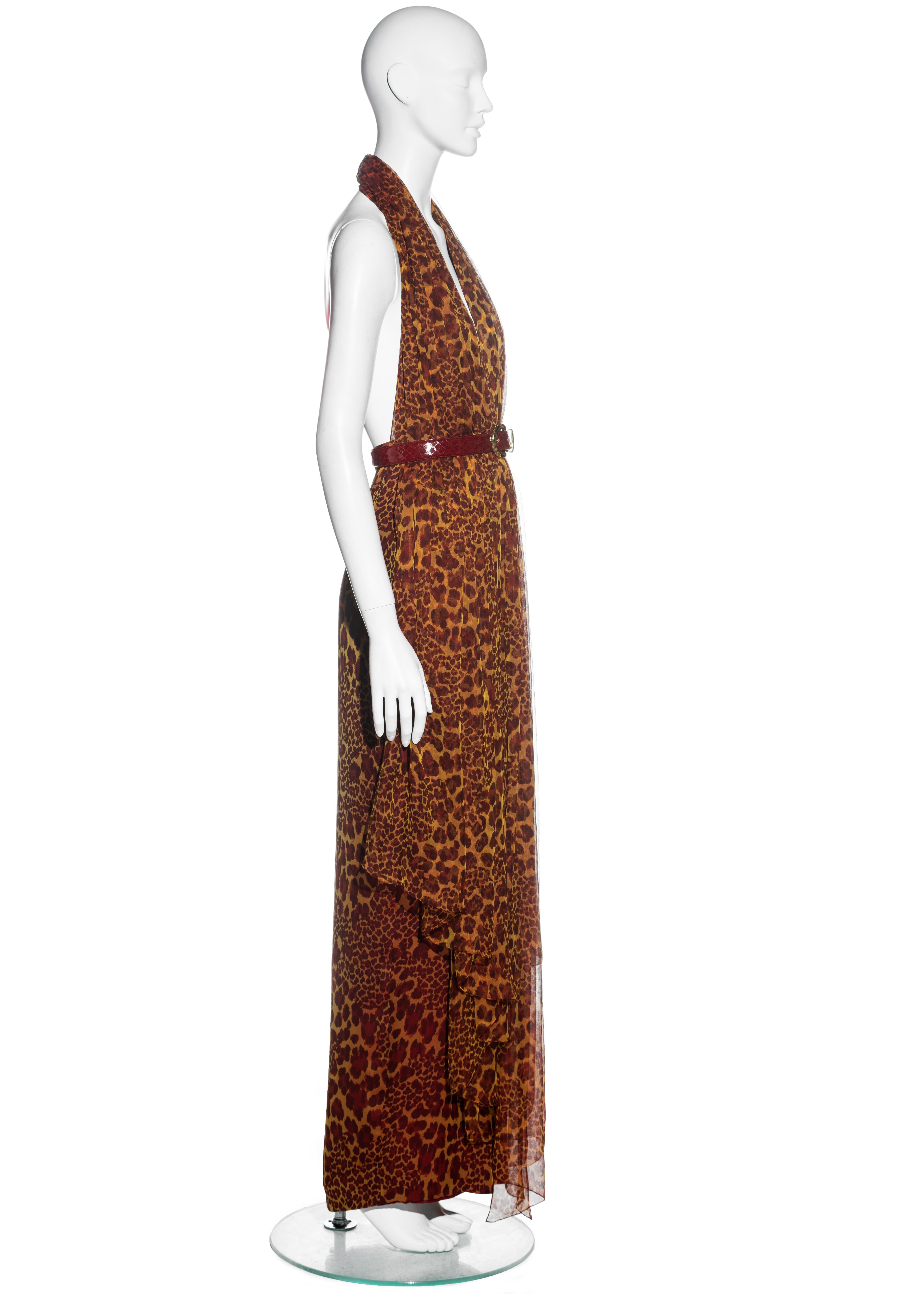Brown James Galanos leopard print silk chiffon couture halter evening dress, c. 1970