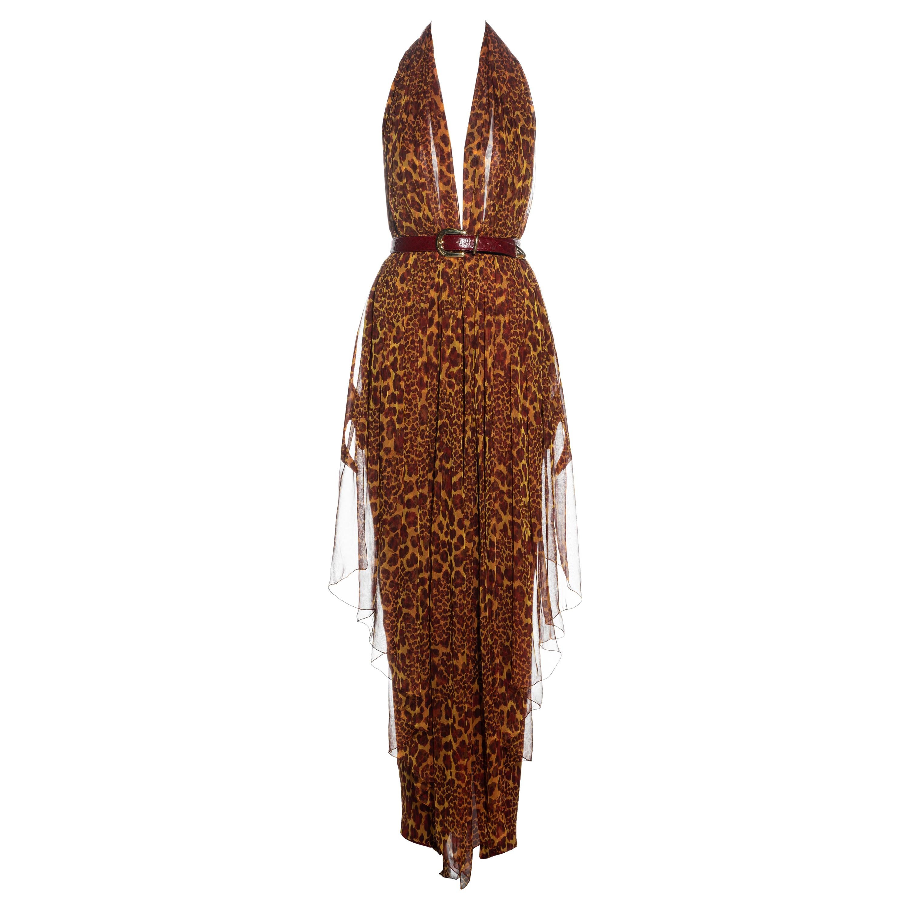 James Galanos leopard print silk chiffon couture halter evening dress, c. 1970