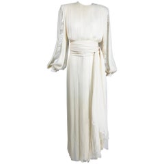 Vintage James Galanos Off White Silk Chiffon and Lace Evening Gown 1980s