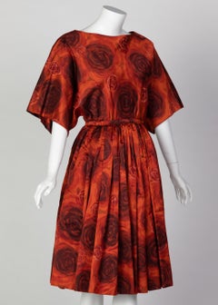James Galanos Orange Purple Copper Floral Silk Party Dress, 1960s