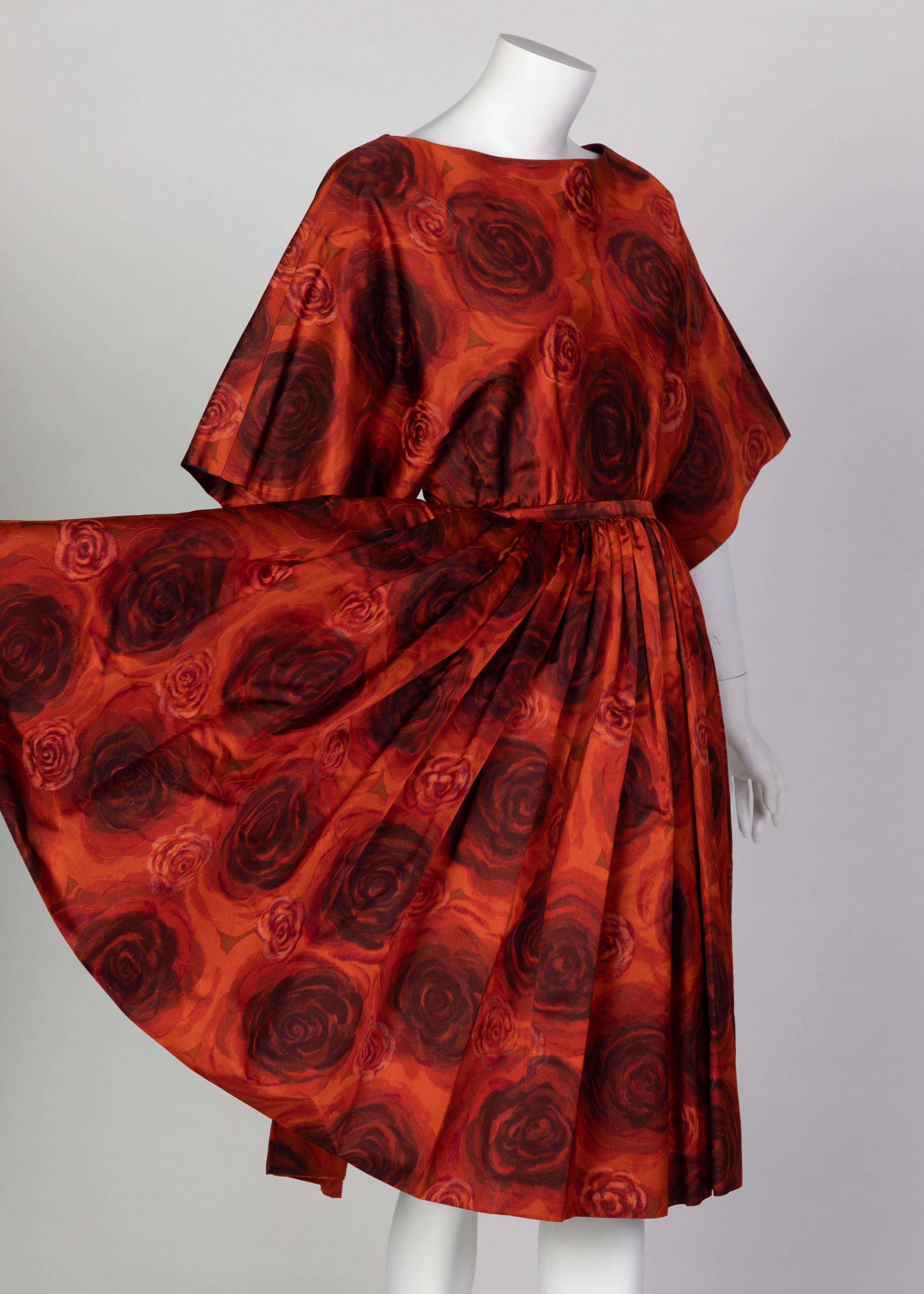 James Galanos Orange Purple Copper Floral Silk Party Dress, 1960s For ...
