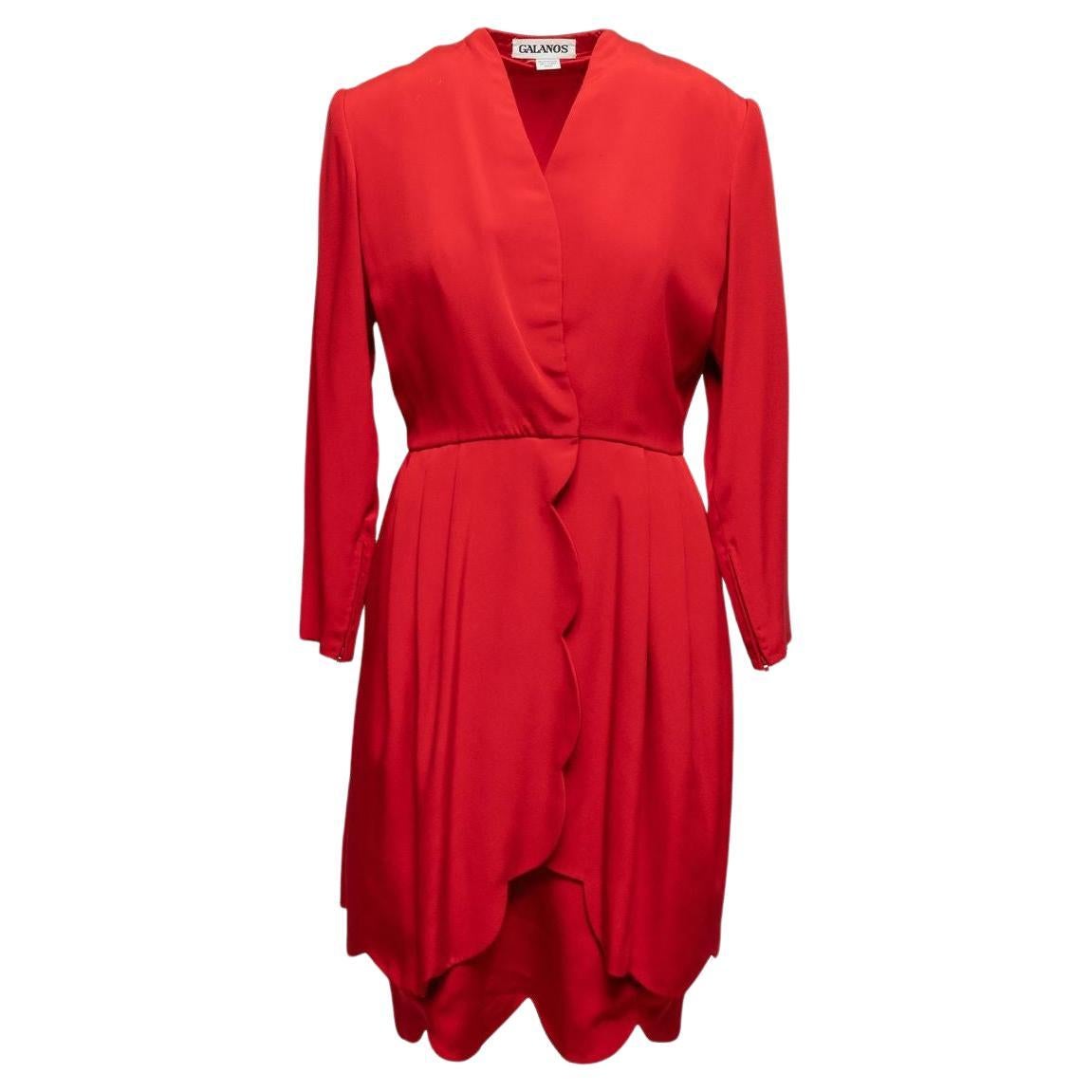 James Galanos Red Silk Scalloped Hem Dress For Sale