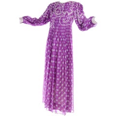 James Galanos Silk Chiffon Purple Polka Dot Vintage Dress w Silver Sequins