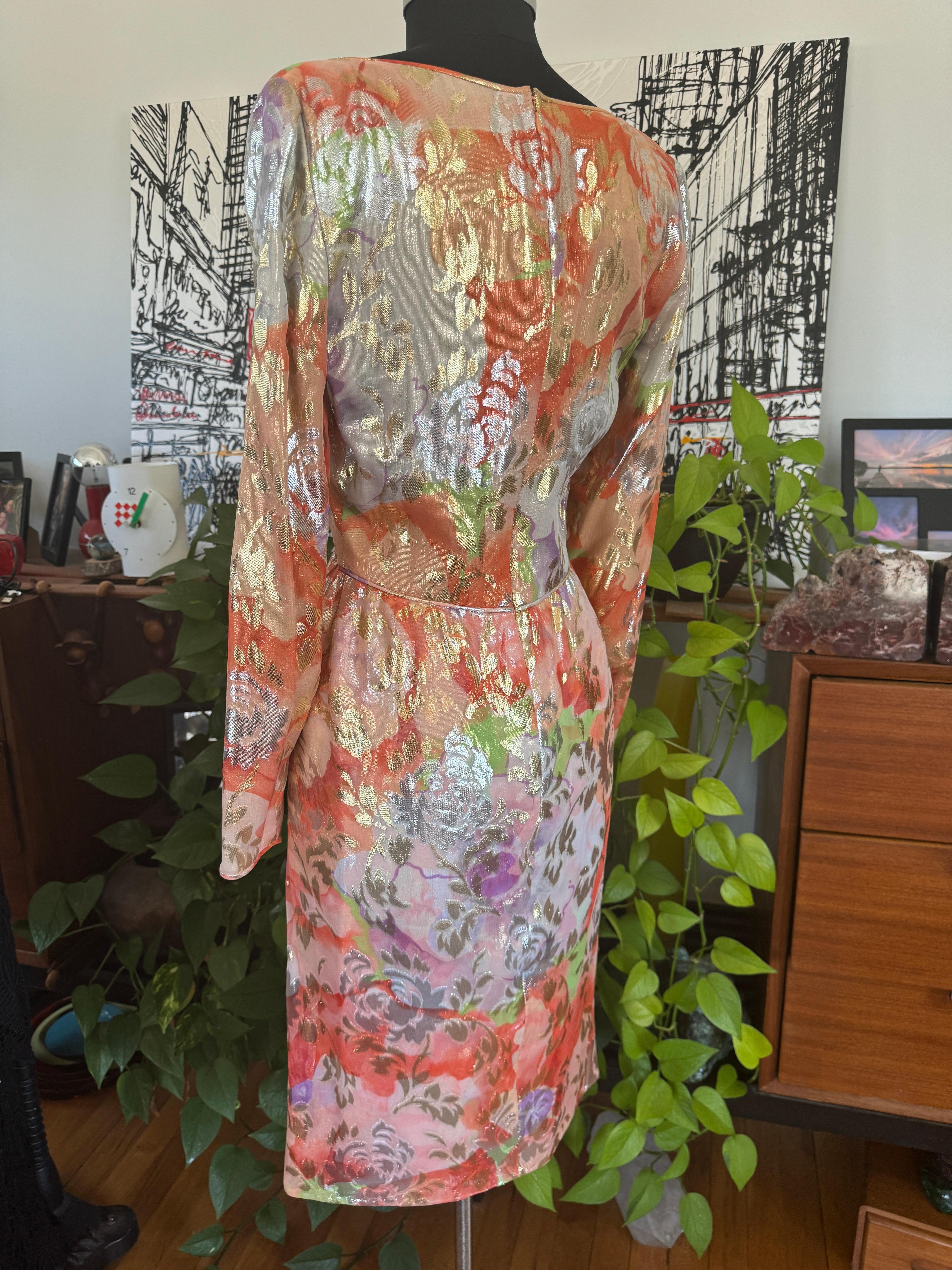 James Galanos Silk Metallic Floral Dress, 1960s For Sale 6