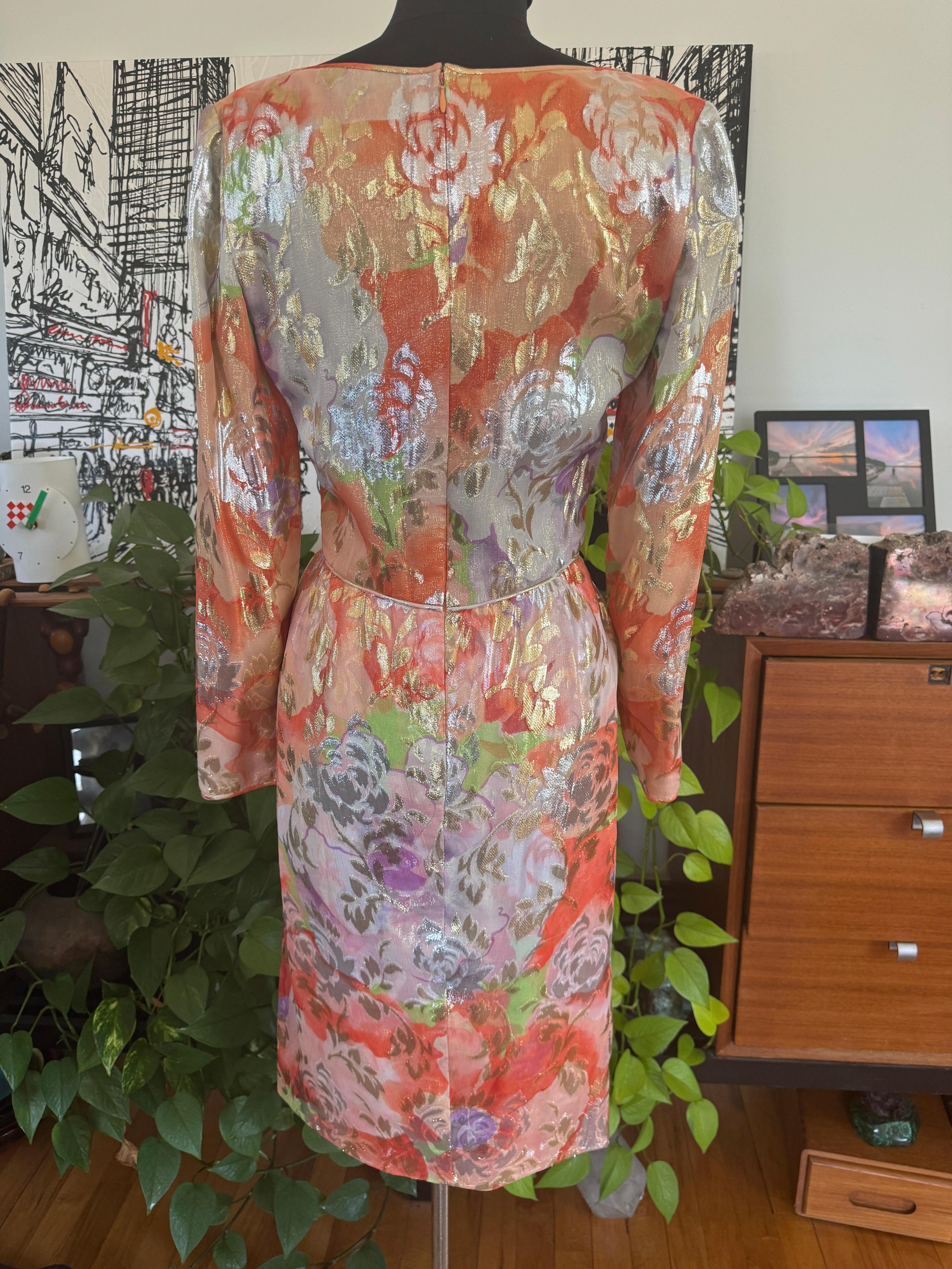 James Galanos Silk Metallic Floral Dress, 1960s For Sale 7