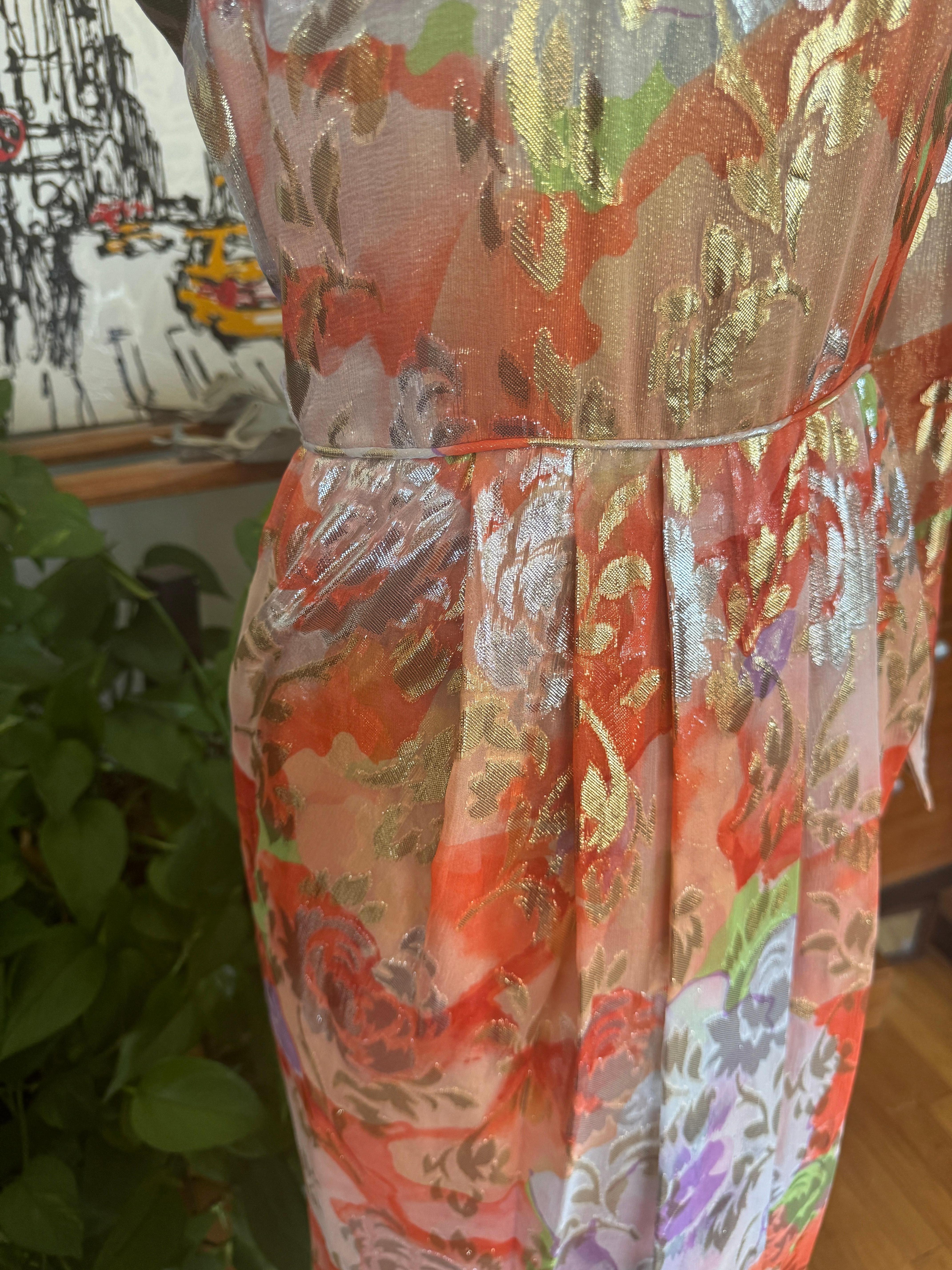 James Galanos Silk Metallic Floral Dress, 1960s For Sale 4