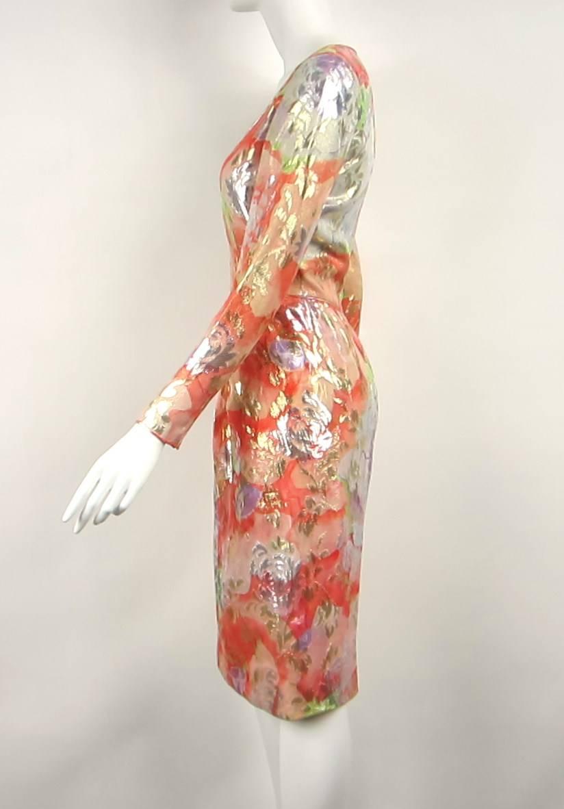 Brown  James Galanos Silk Metallic Floral Dress, 1960s Vintage  For Sale
