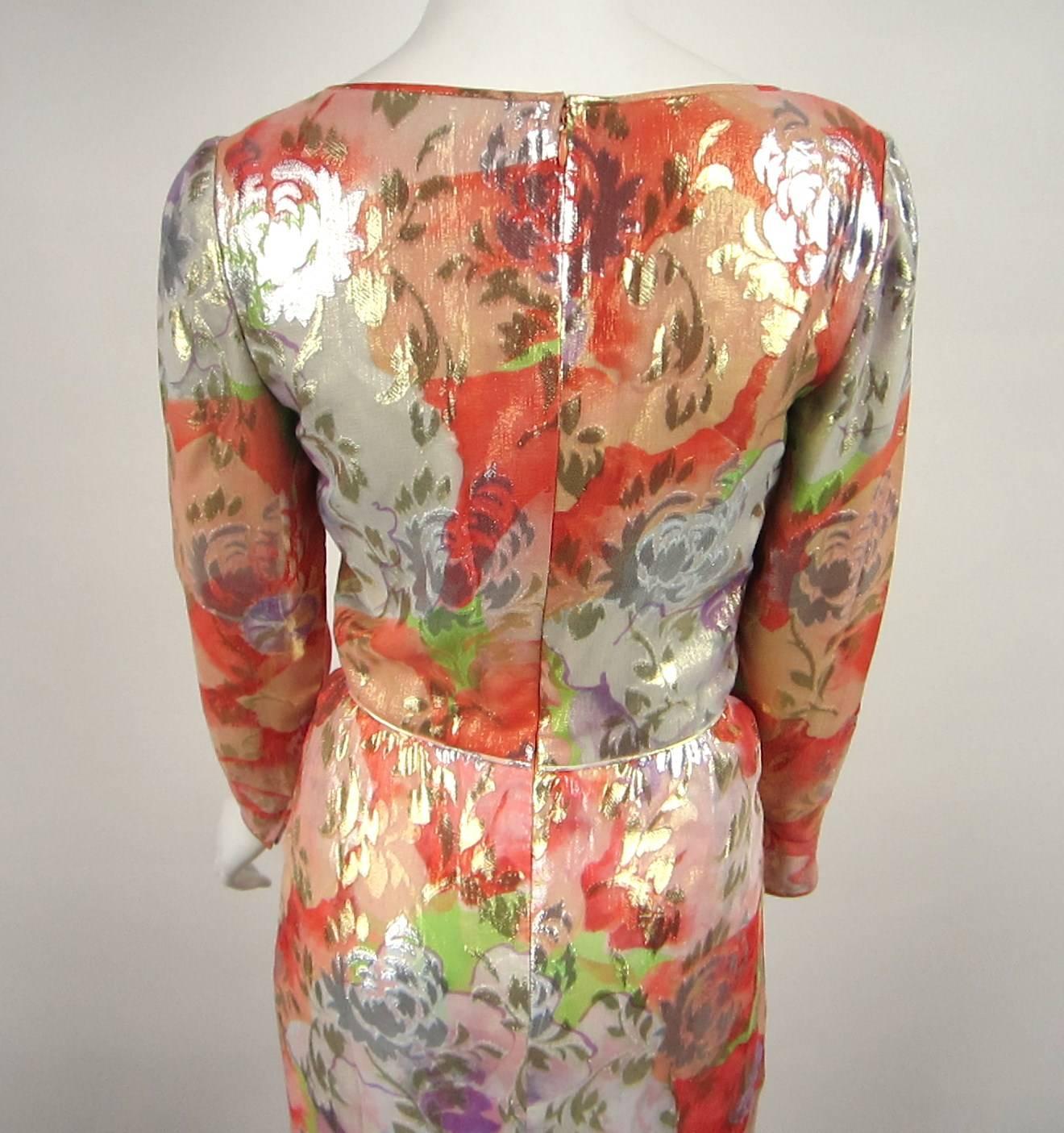 Women's  James Galanos Silk Metallic Floral Dress, 1960s Vintage  For Sale