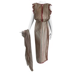 James Galanos Silk Print Ruffle Shoulder Dress and Scarf 1960s