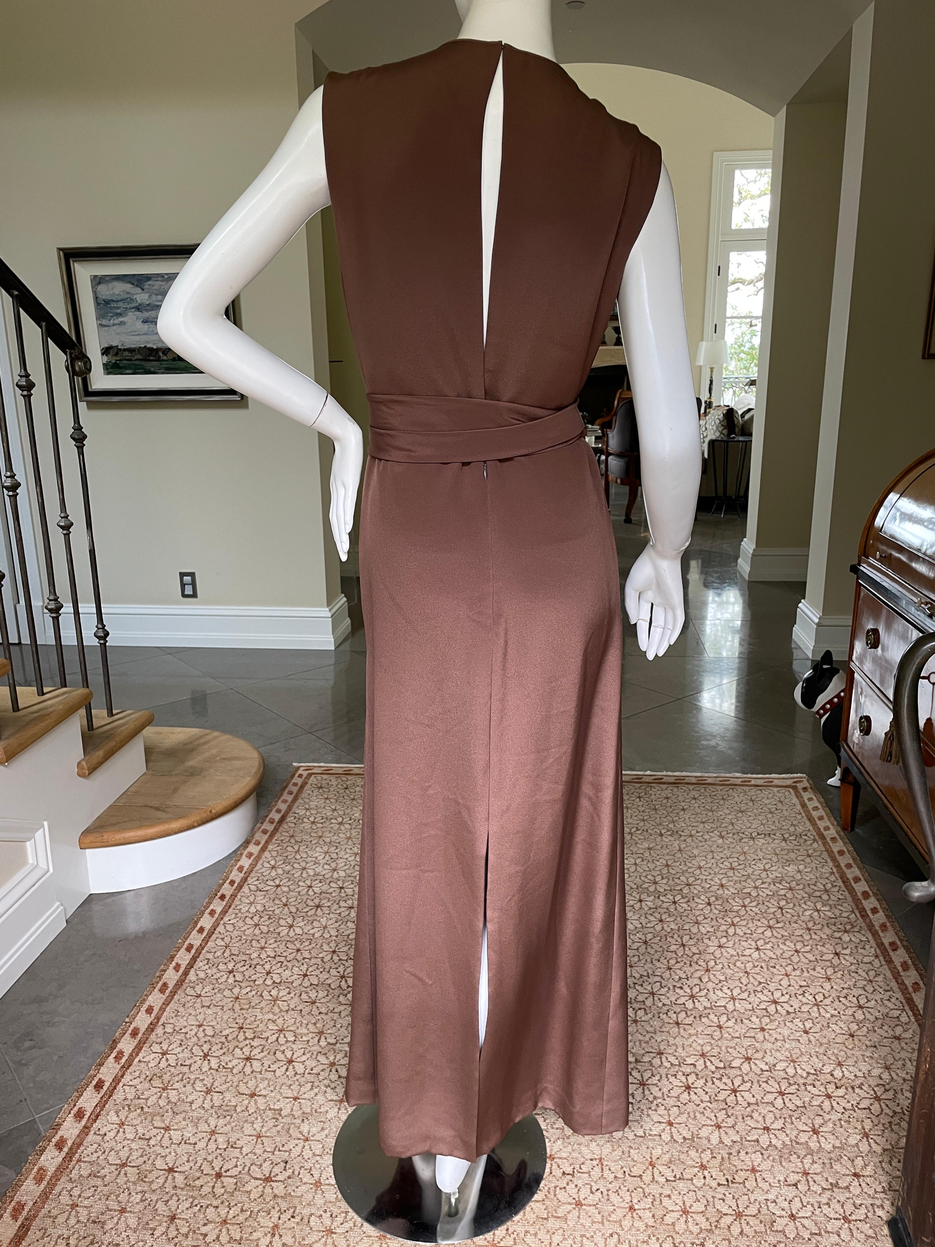 Beige James Galanos Vintage Brown Silk Sleeveless Evening Dress with Sash Belt For Sale