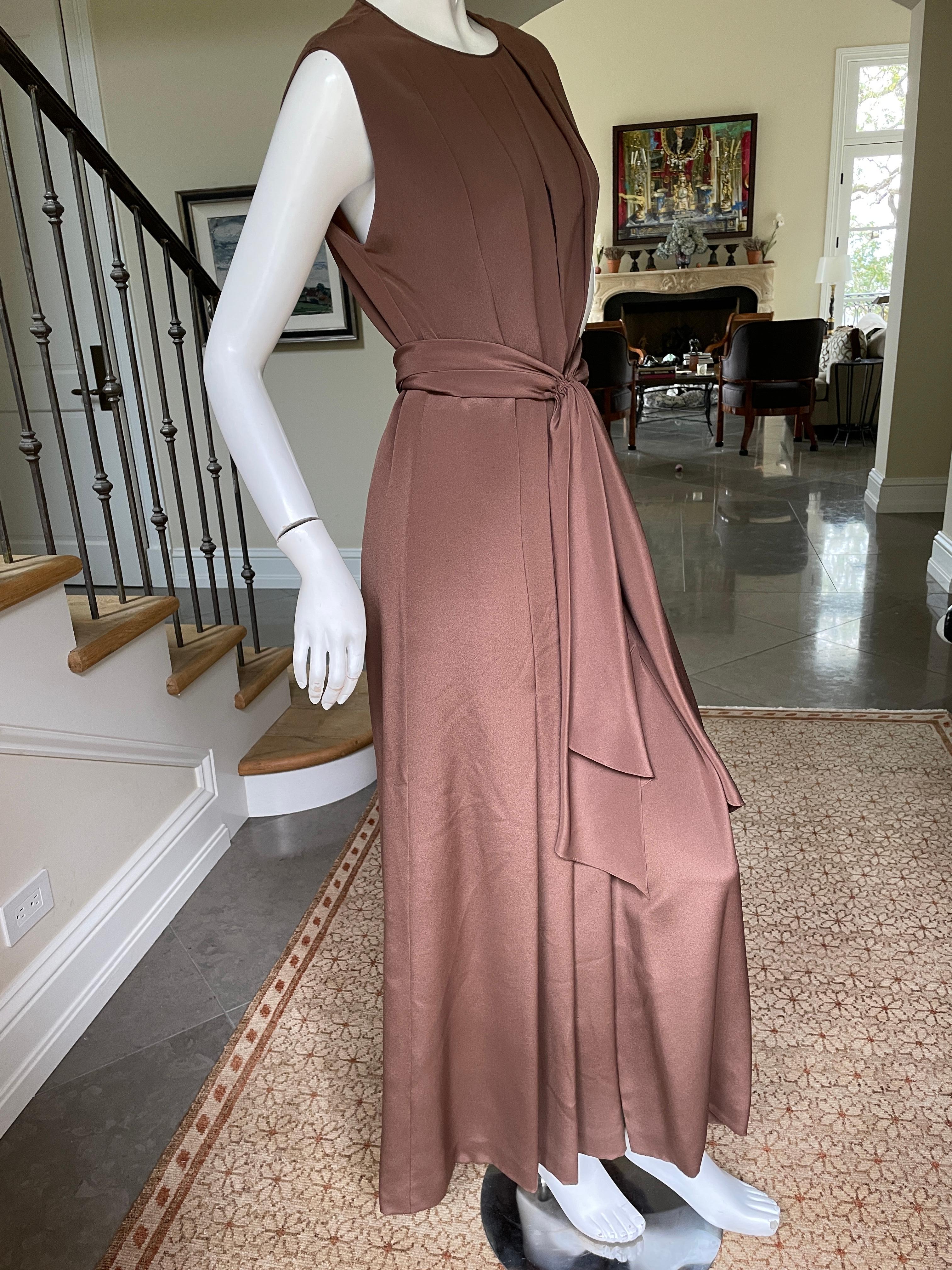 James Galanos Vintage Brown Silk Sleeveless Evening Dress with Sash Belt In Excellent Condition For Sale In Cloverdale, CA