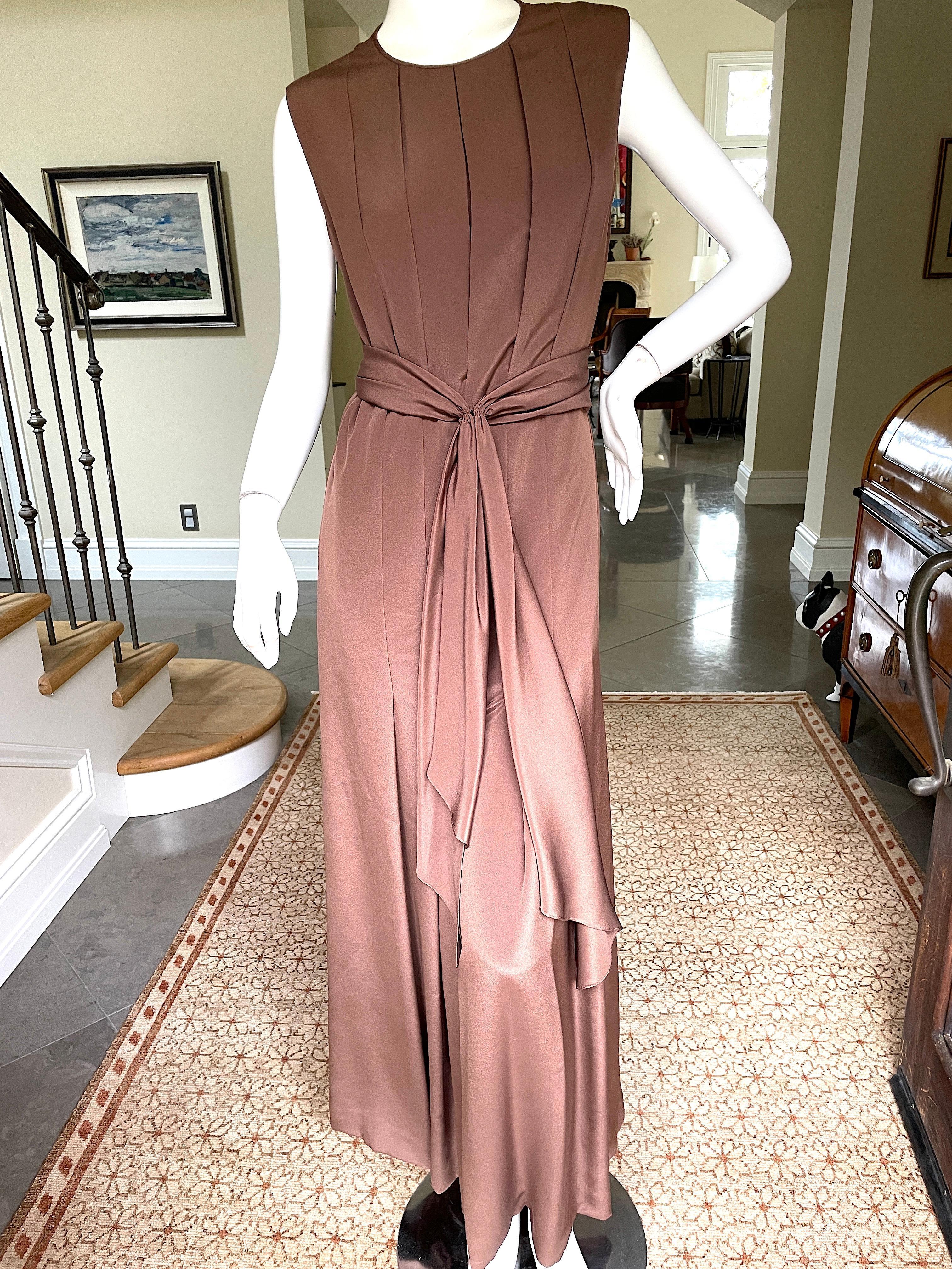 Women's James Galanos Vintage Brown Silk Sleeveless Evening Dress with Sash Belt For Sale