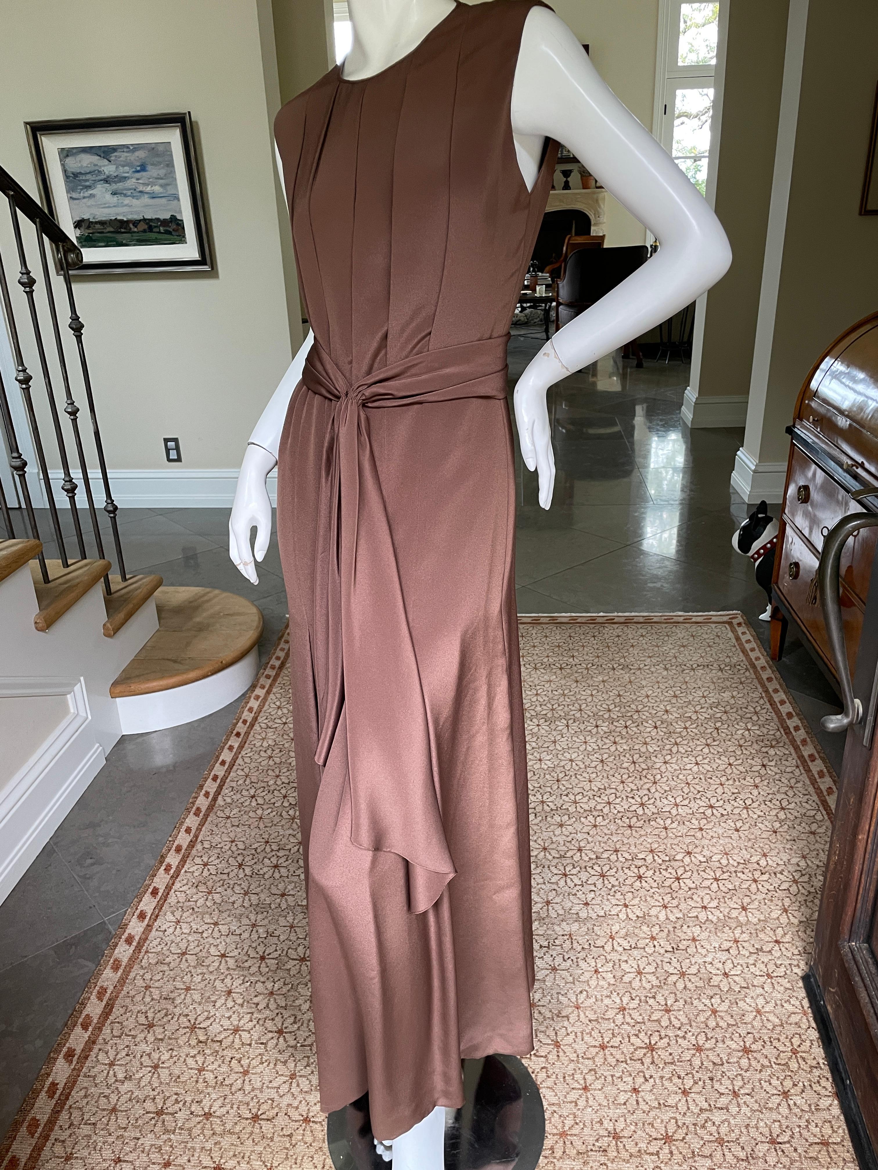 James Galanos Vintage Brown Silk Sleeveless Evening Dress with Sash Belt For Sale 2
