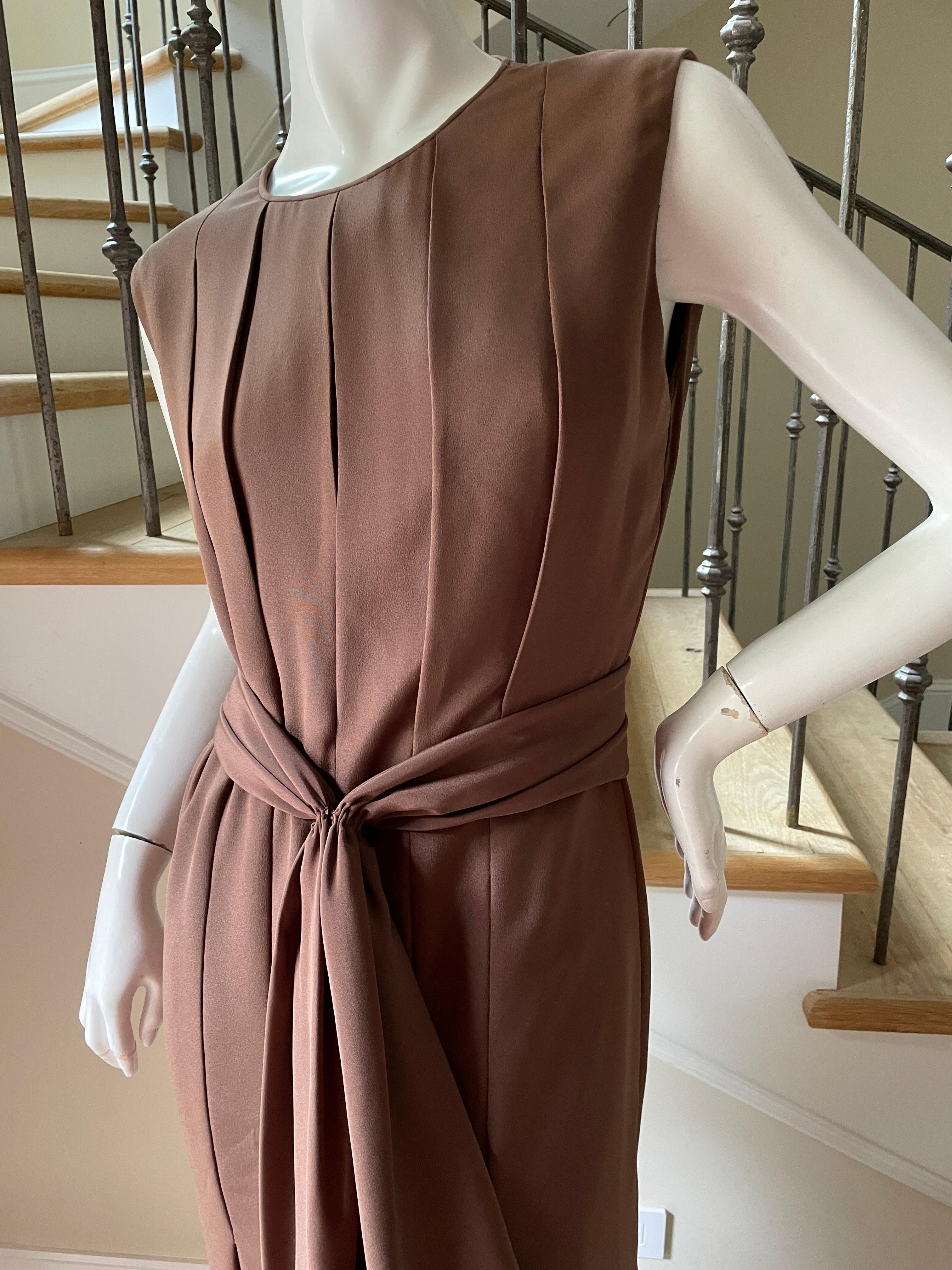 James Galanos Vintage Brown Silk Sleeveless Evening Dress with Sash Belt For Sale 3