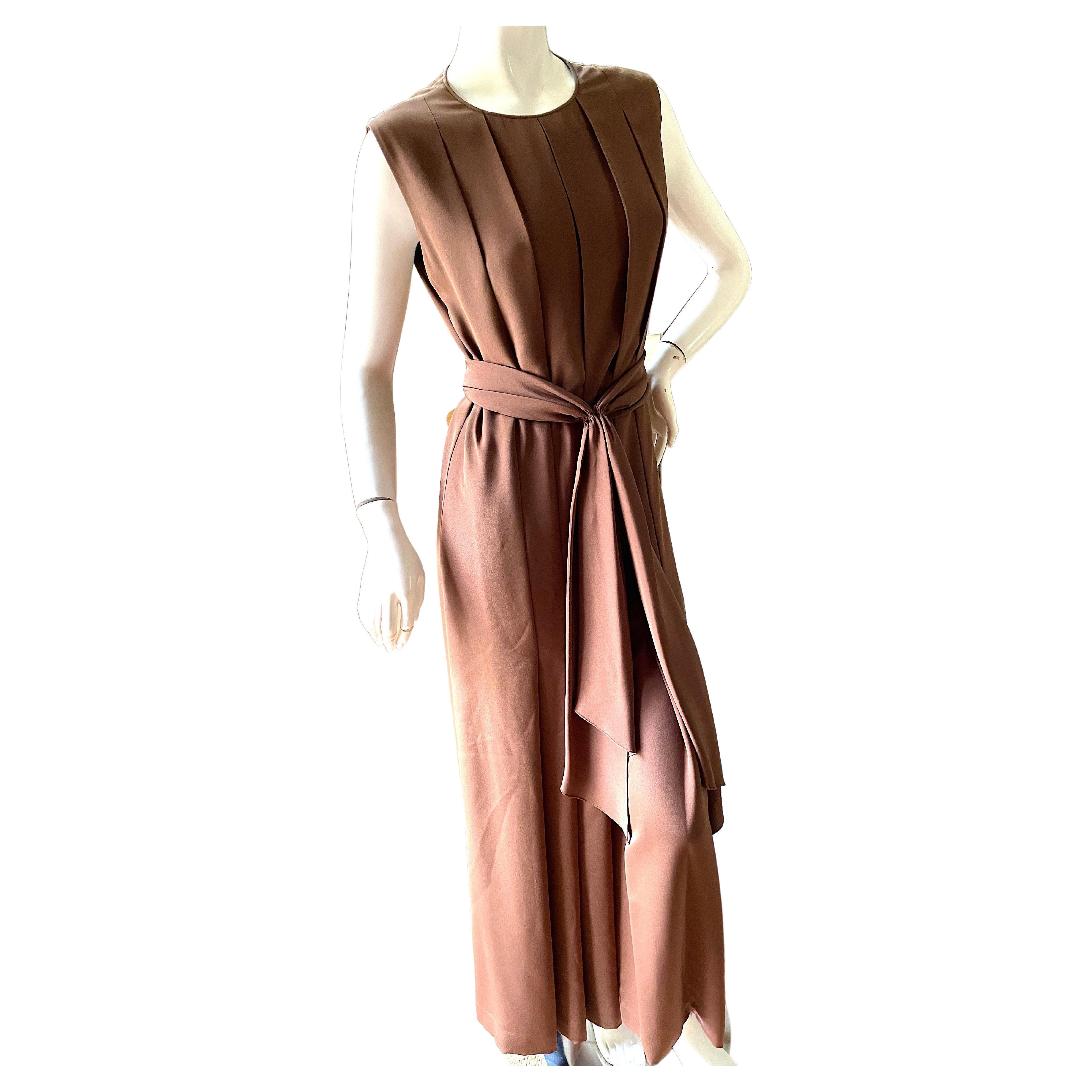 James Galanos Vintage Brown Silk Sleeveless Evening Dress with Sash Belt For Sale
