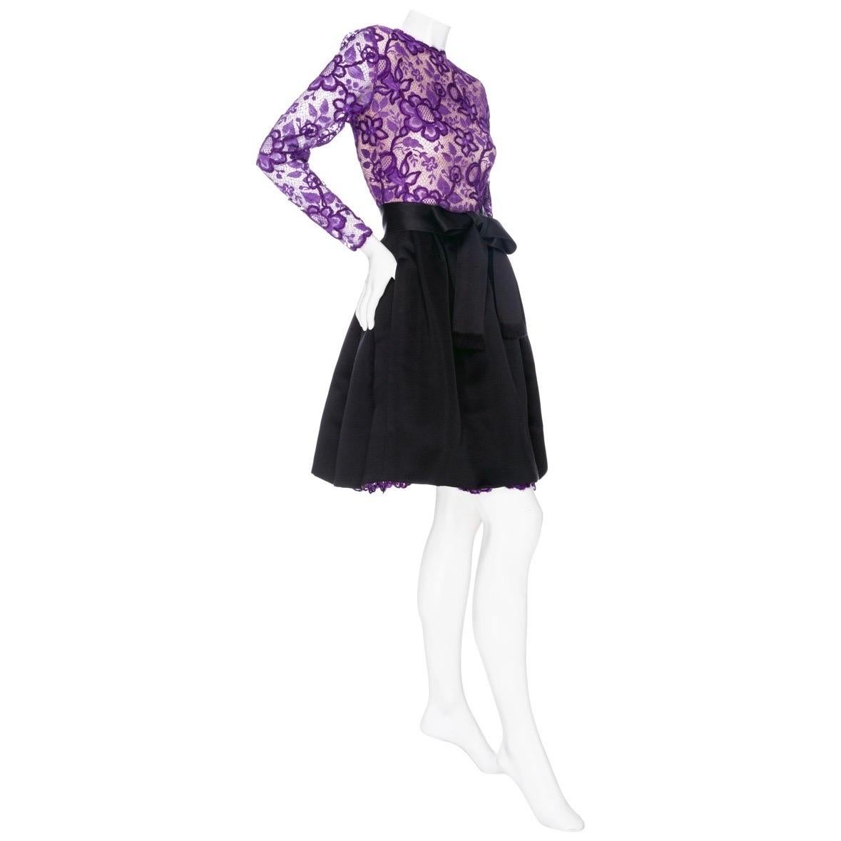 James Galanos Vintage Purple and Black Lace Bow Dress (1980s) In Good Condition For Sale In Los Angeles, CA
