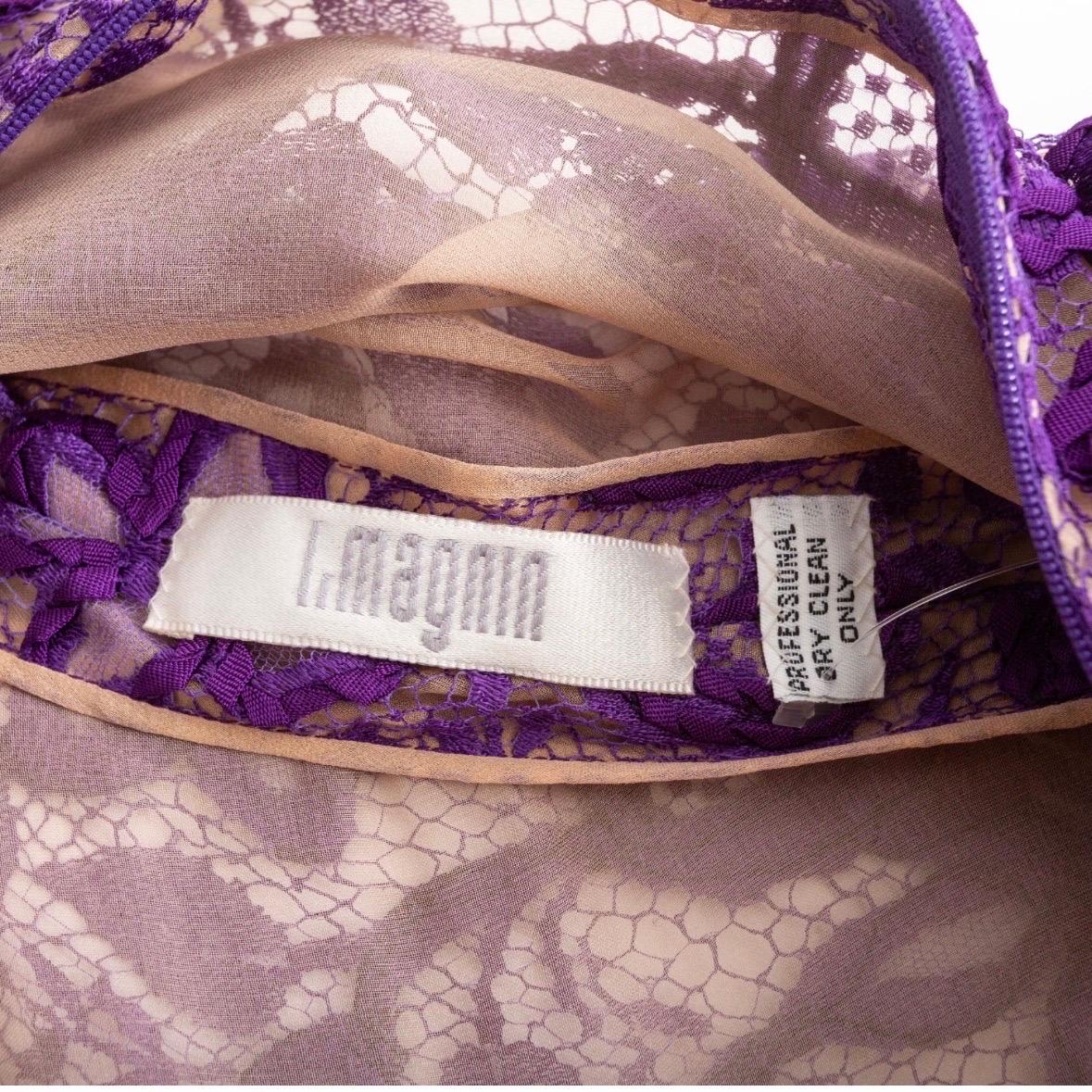 James Galanos Vintage lila und schwarzes Spitzenkleid mit Schleife (1980er Jahre) im Angebot 5
