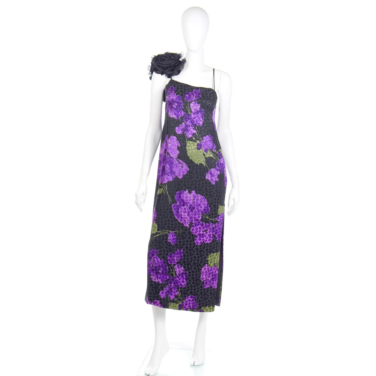 This is a sublime vintage Galanos tonal print deep purple silk dress with purple flowers and green leaves. This gorgeous vintage dress has narrow straps that measure 15