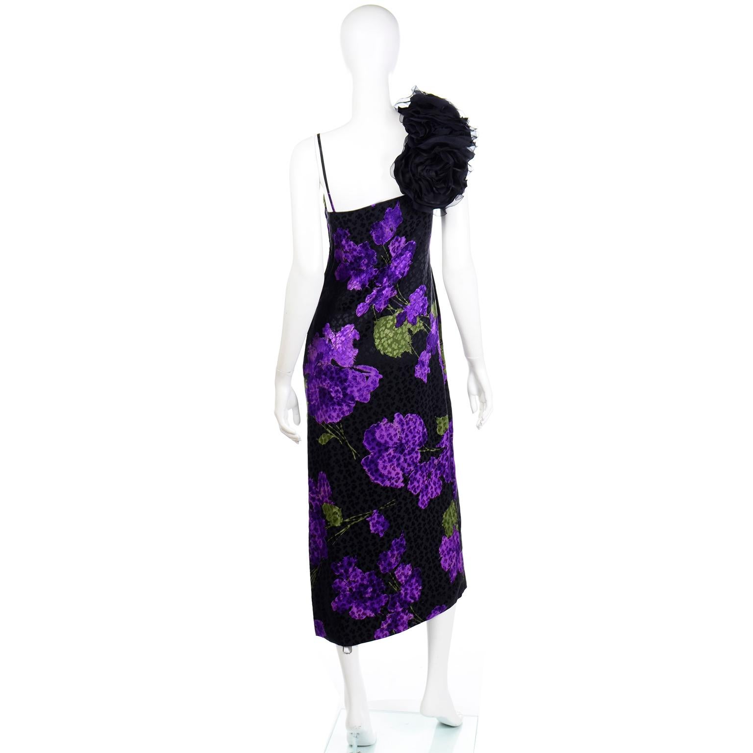 James Galanos Vintage Purple Tonal Silk Evening Dress W Black Organza Flower In Excellent Condition In Portland, OR