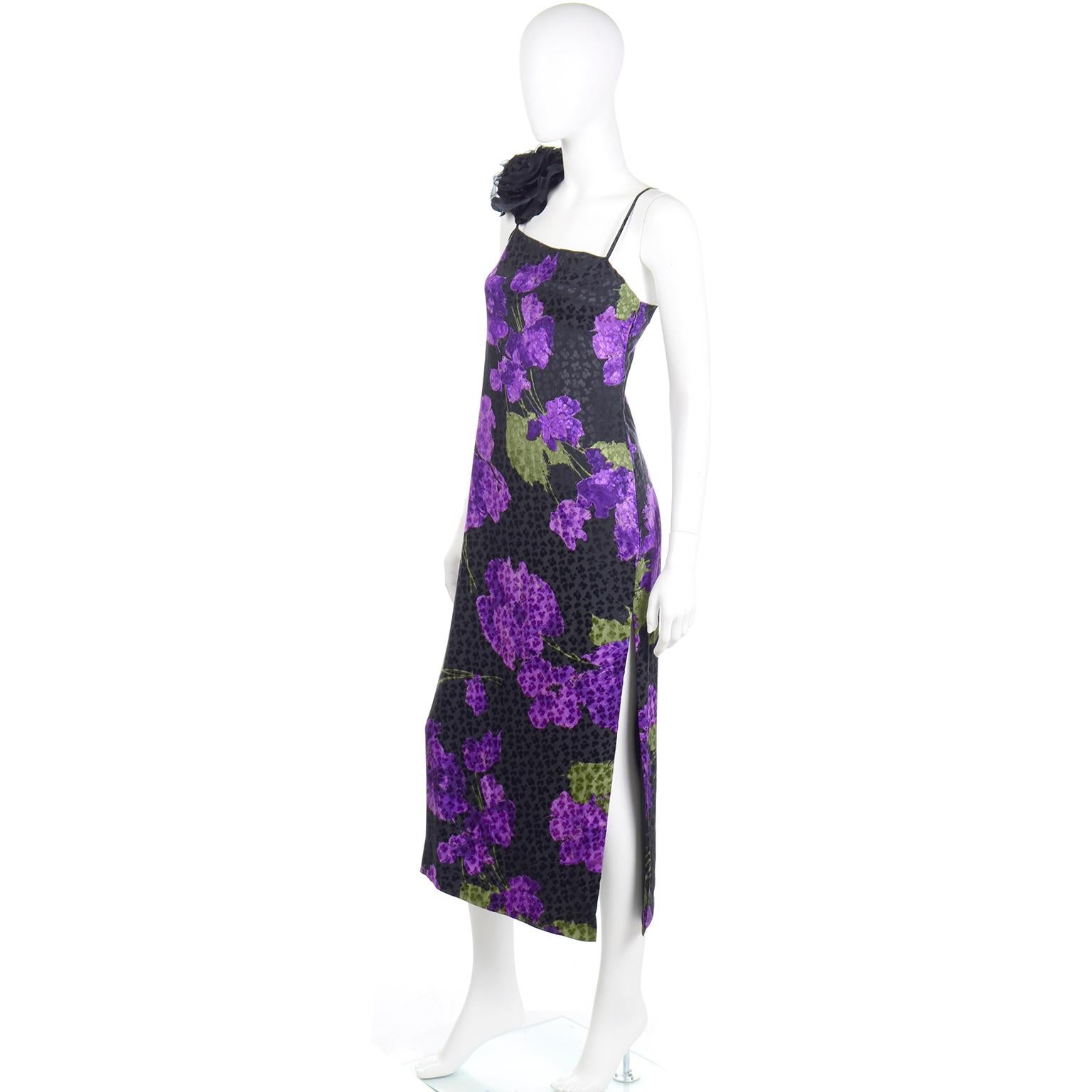 Women's James Galanos Vintage Purple Tonal Silk Evening Dress W Black Organza Flower