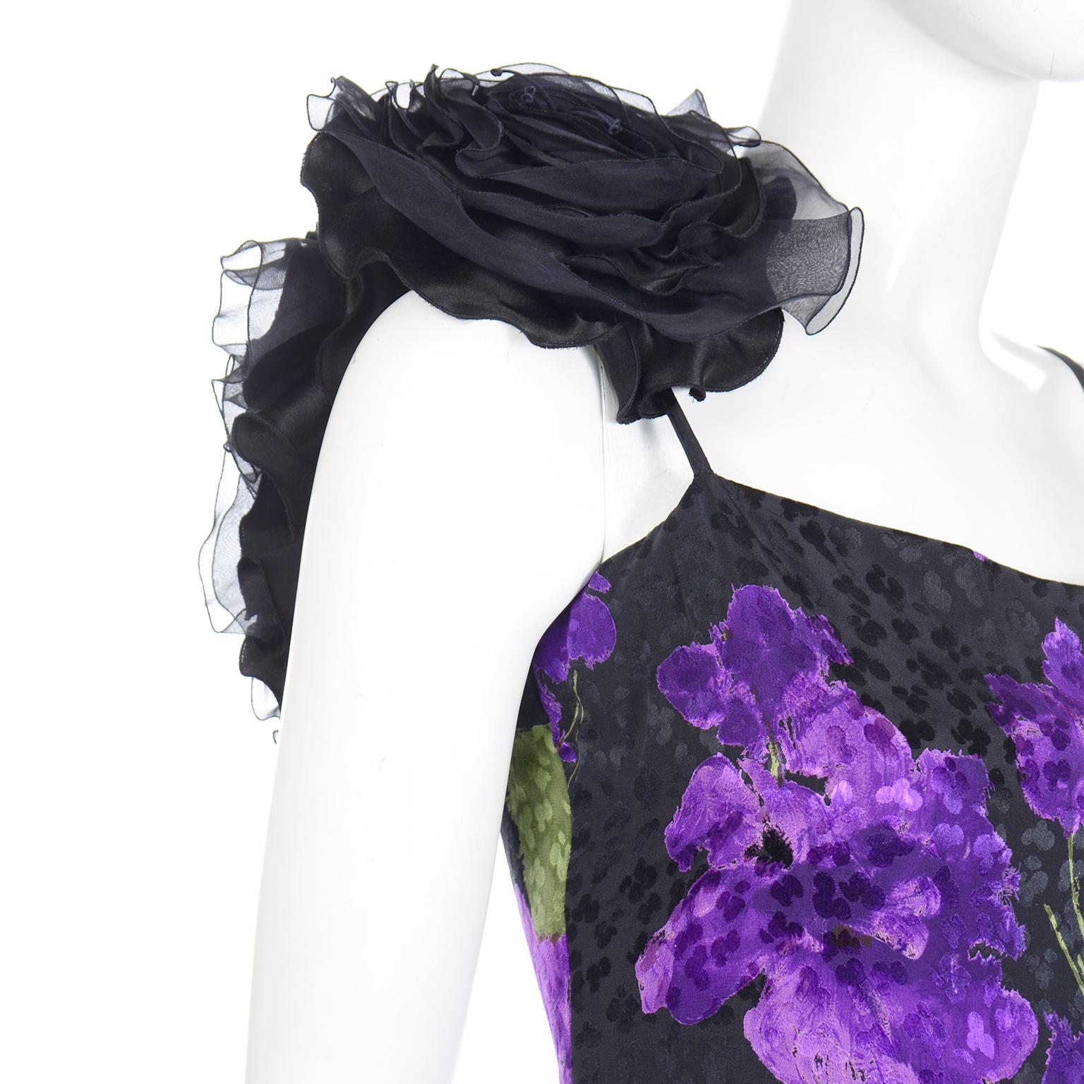 James Galanos Vintage Purple Tonal Silk Evening Dress W Black Organza Flower 1