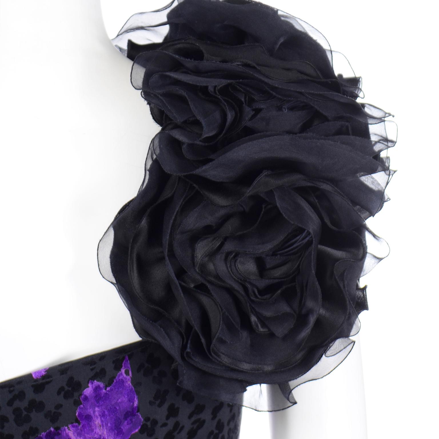 James Galanos Vintage Purple Tonal Silk Evening Dress W Black Organza Flower 2