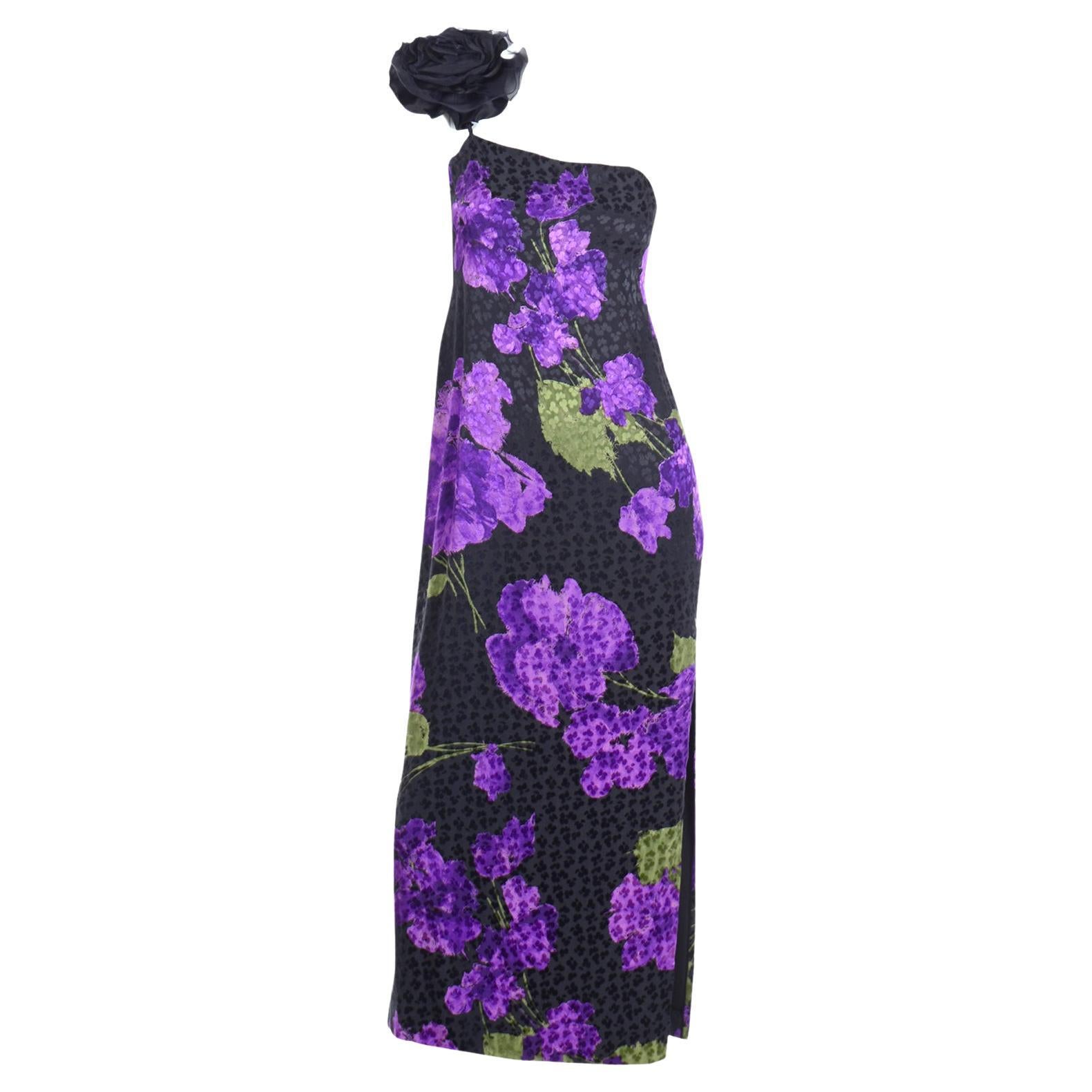 James Galanos Vintage Purple Tonal Silk Evening Dress W Black Organza Flower