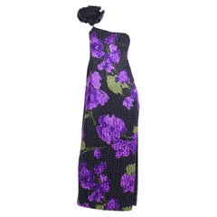 James Galanos Vintage Purple Tonal Silk Evening Dress W Black Organza Flower