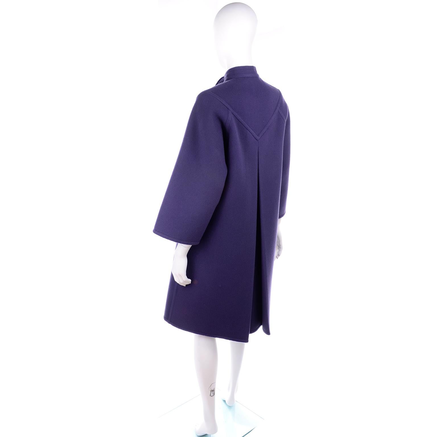 Black James Galanos Vintage Rich Purple Wool Coat with Tie & Pockets For Sale