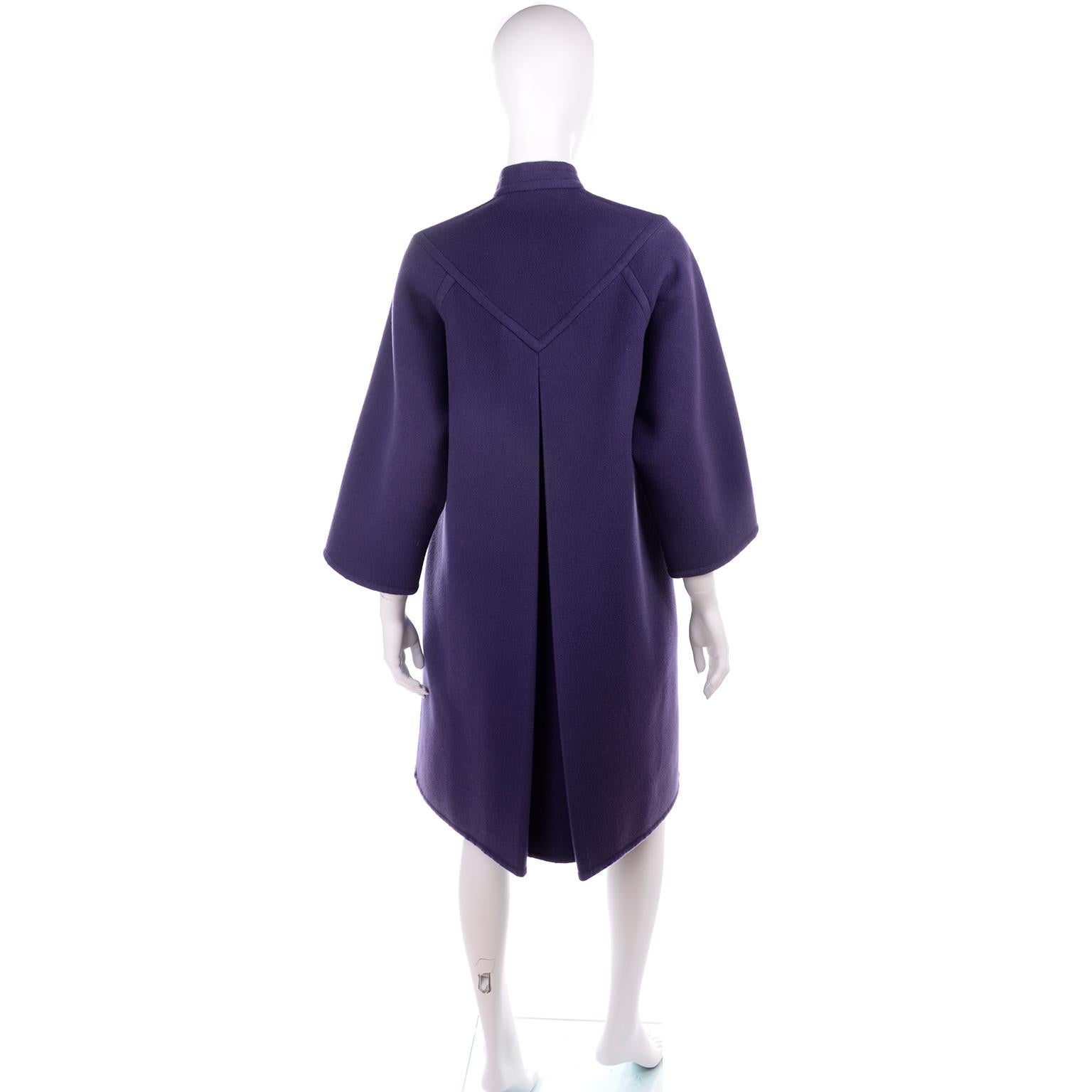 James Galanos Vintage Rich Purple Wool Coat with Tie & Pockets In Excellent Condition For Sale In Portland, OR