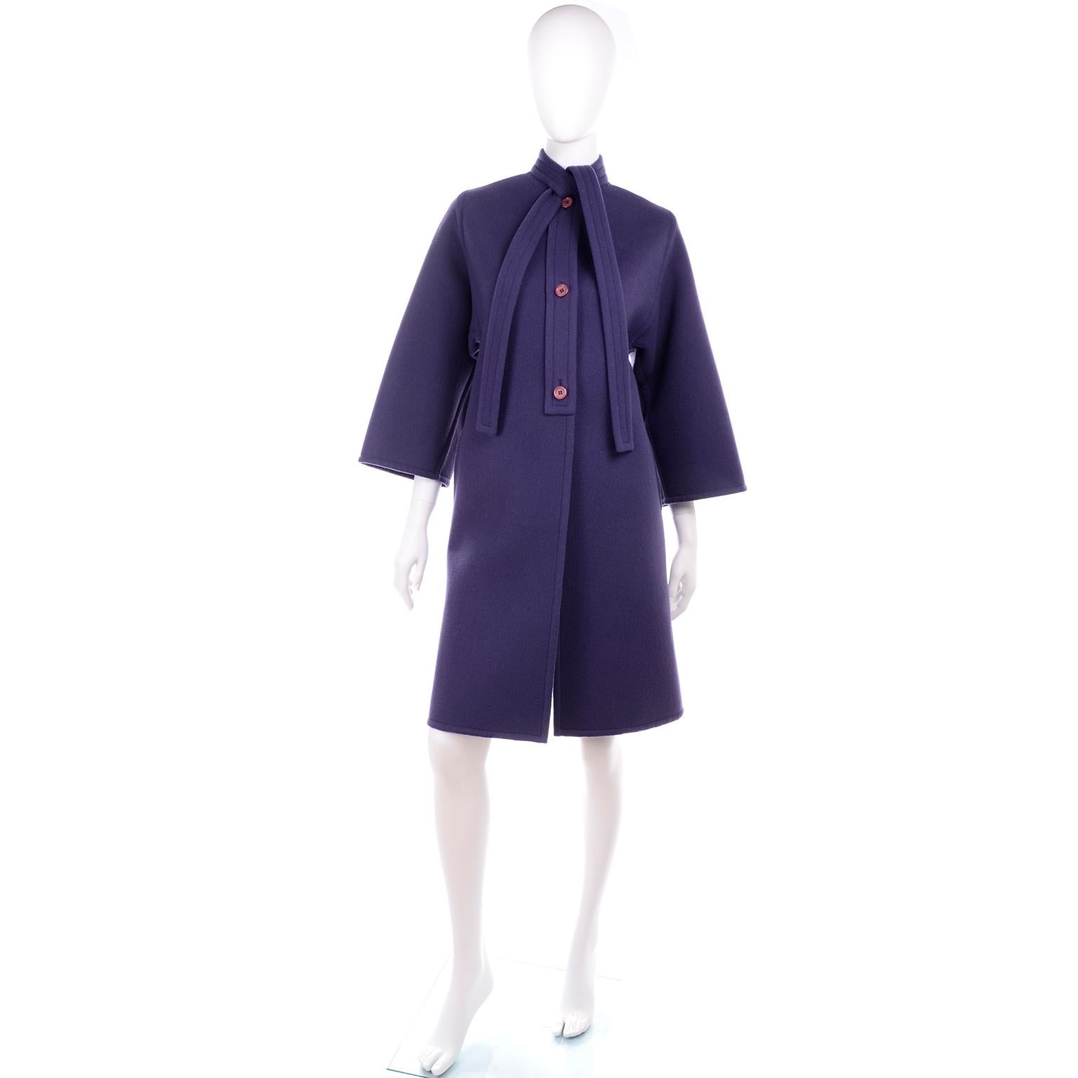 James Galanos Vintage Rich Purple Wool Coat with Tie & Pockets For Sale 2