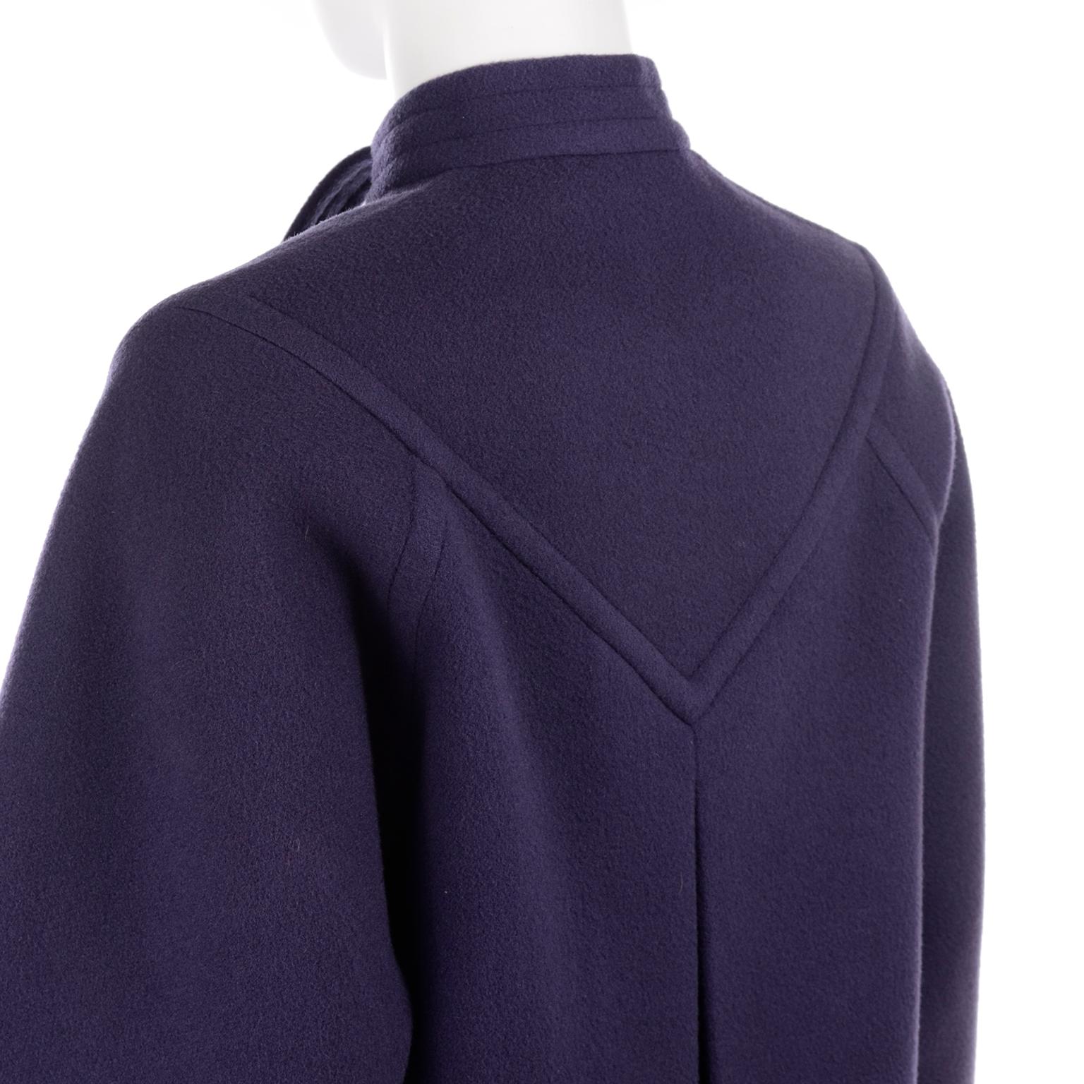 James Galanos Vintage Rich Purple Wool Coat with Tie & Pockets For Sale 3