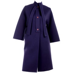 James Galanos Vintage Rich Purple Wool Coat with Tie & Pockets