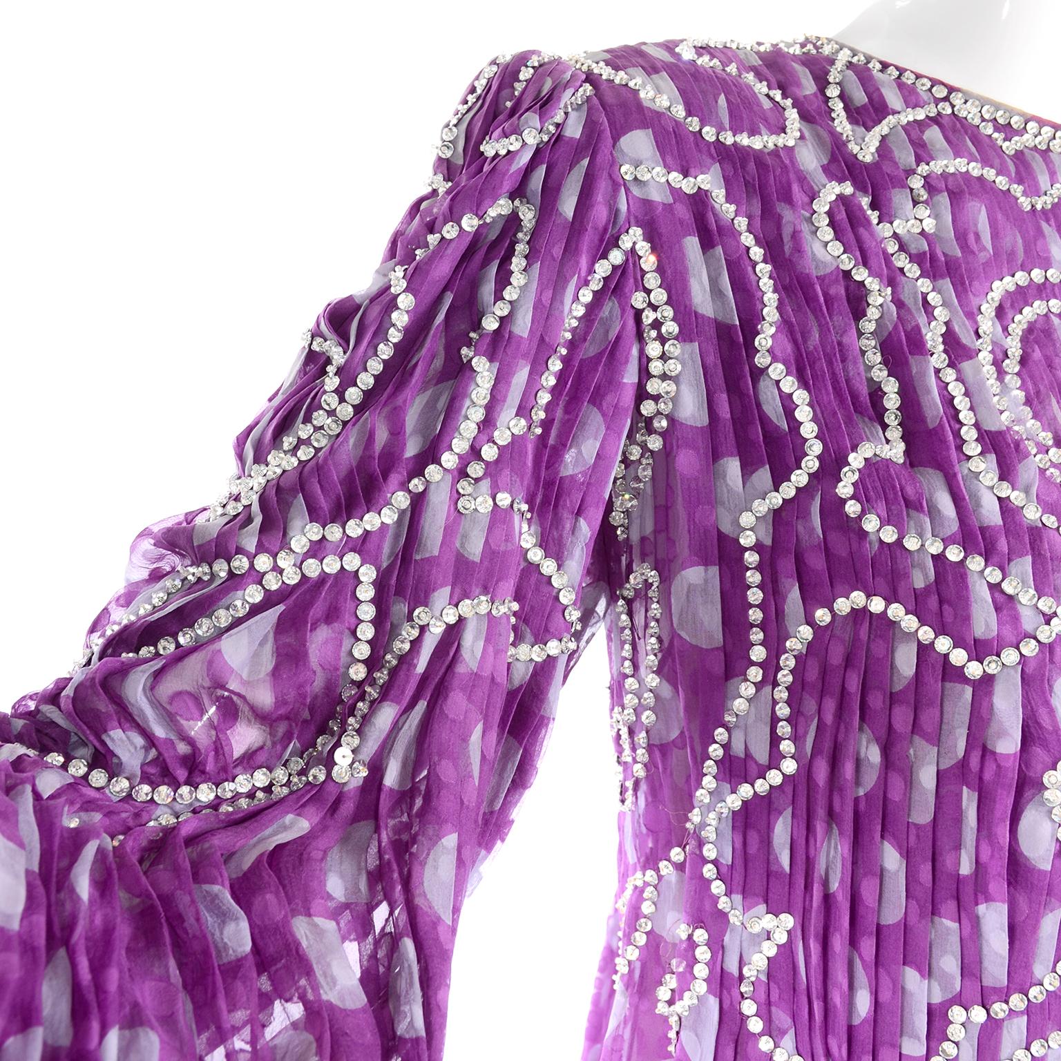 James Galanos Silk Chiffon Purple Polka Dot Vintage Dress w Silver Sequins 5