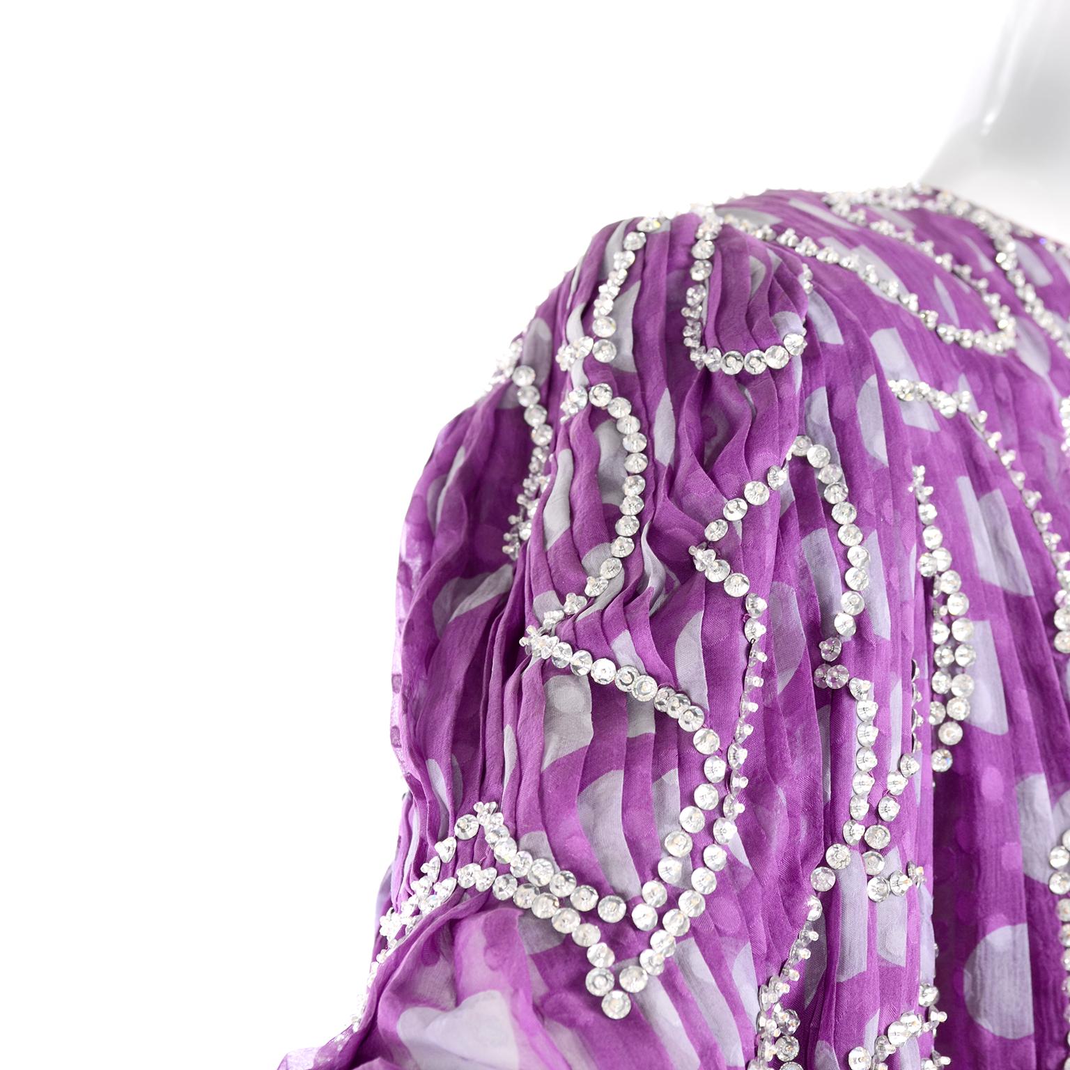 James Galanos Silk Chiffon Purple Polka Dot Vintage Dress w Silver Sequins 6