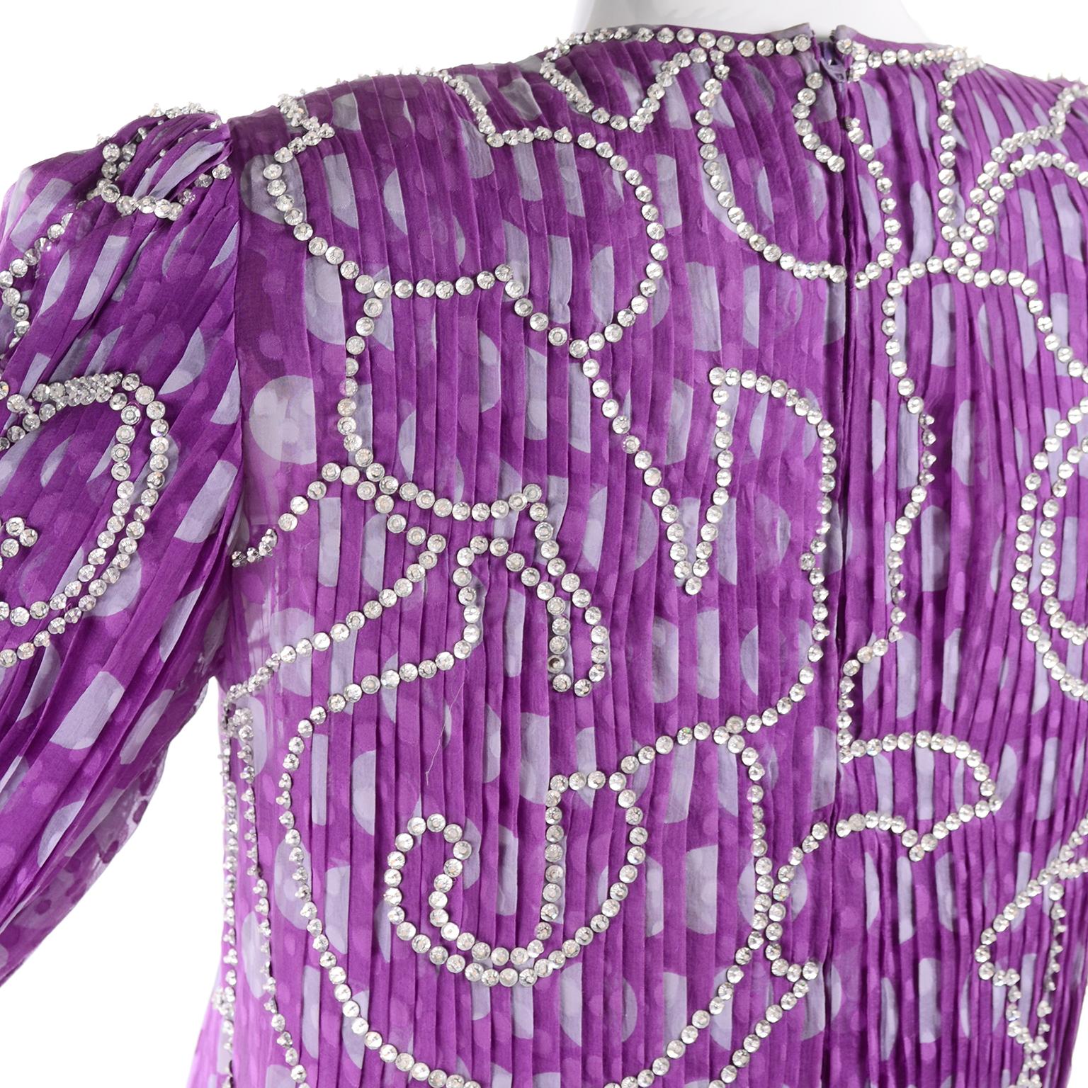 James Galanos Silk Chiffon Purple Polka Dot Vintage Dress w Silver Sequins 7
