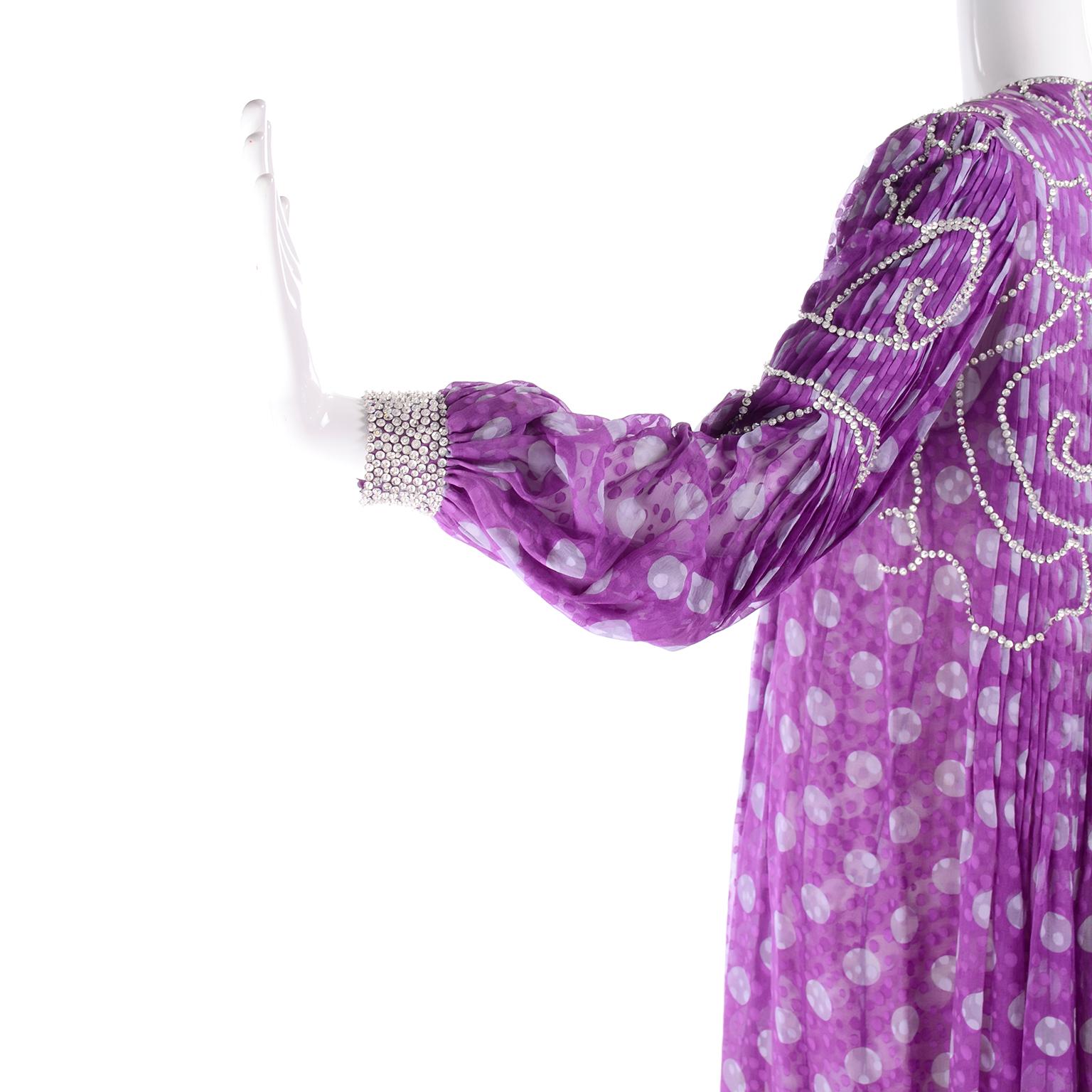 James Galanos Silk Chiffon Purple Polka Dot Vintage Dress w Silver Sequins 8