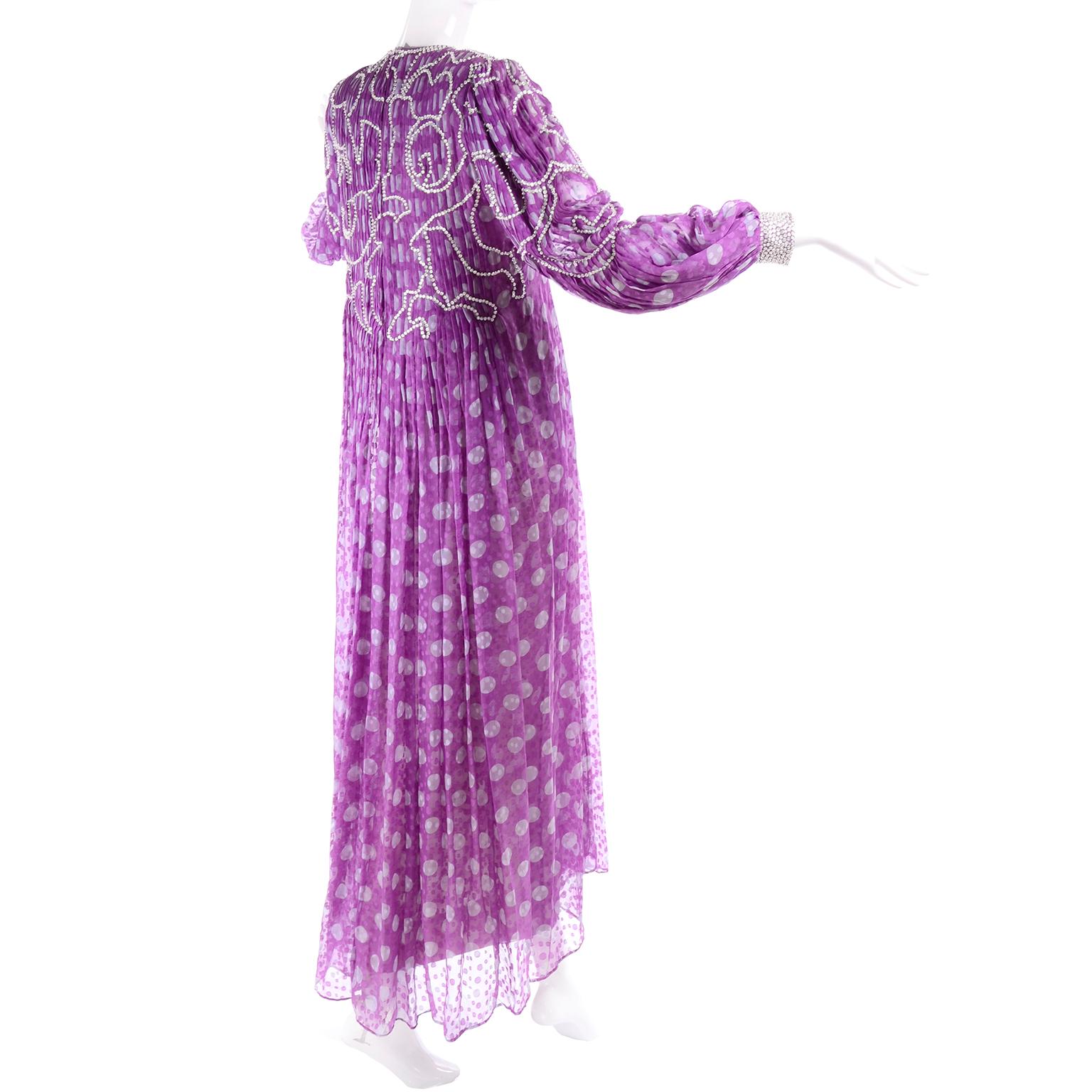 James Galanos Silk Chiffon Purple Polka Dot Vintage Dress w Silver Sequins In Excellent Condition In Portland, OR