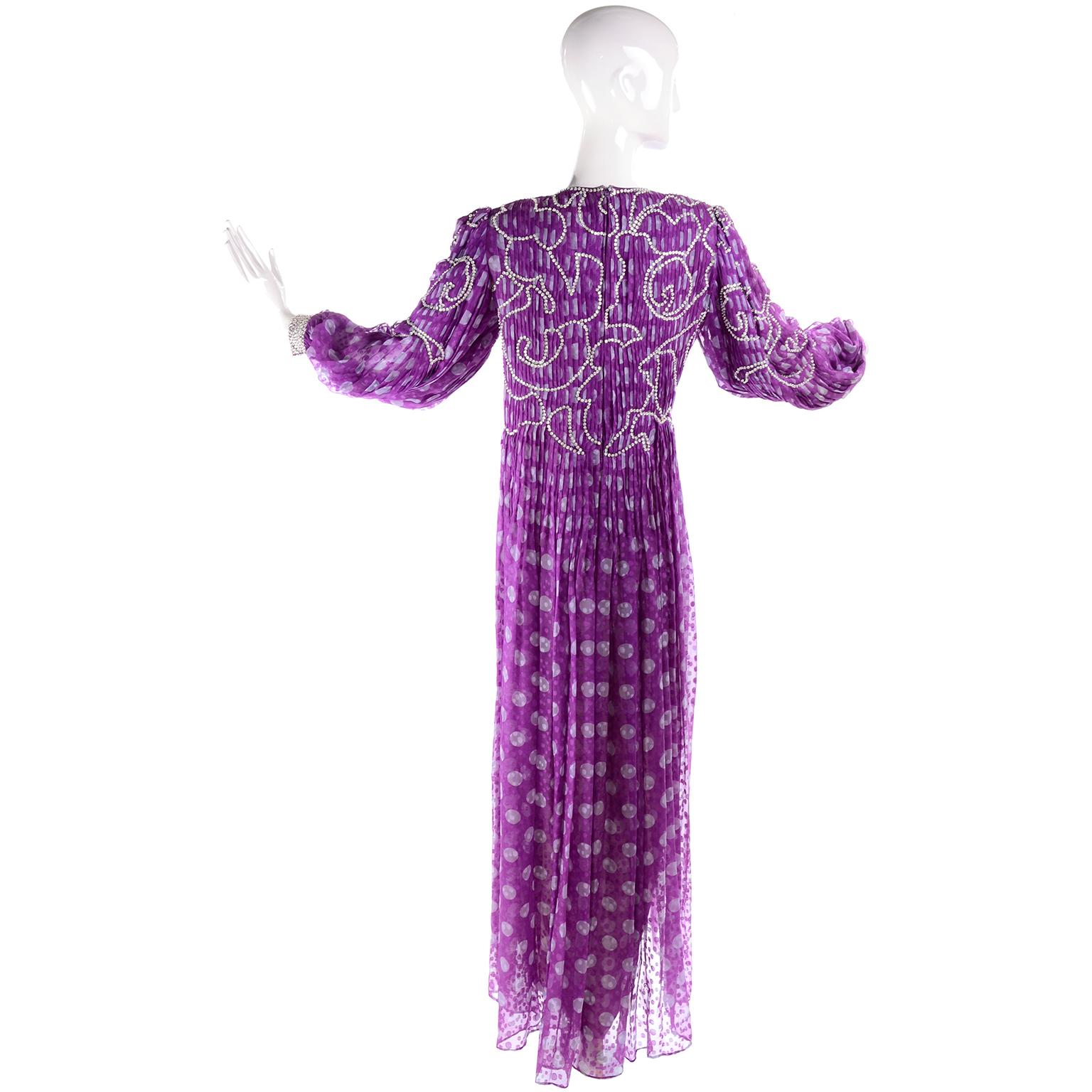 James Galanos Silk Chiffon Purple Polka Dot Vintage Dress w Silver Sequins 1