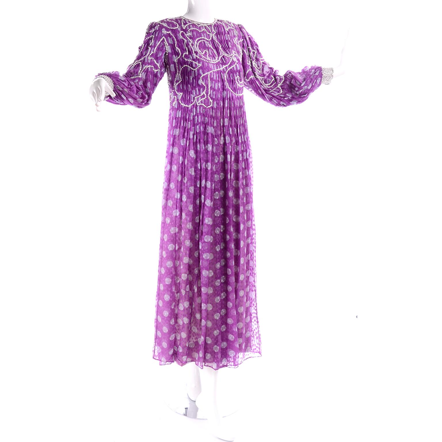 James Galanos Silk Chiffon Purple Polka Dot Vintage Dress w Silver Sequins 2