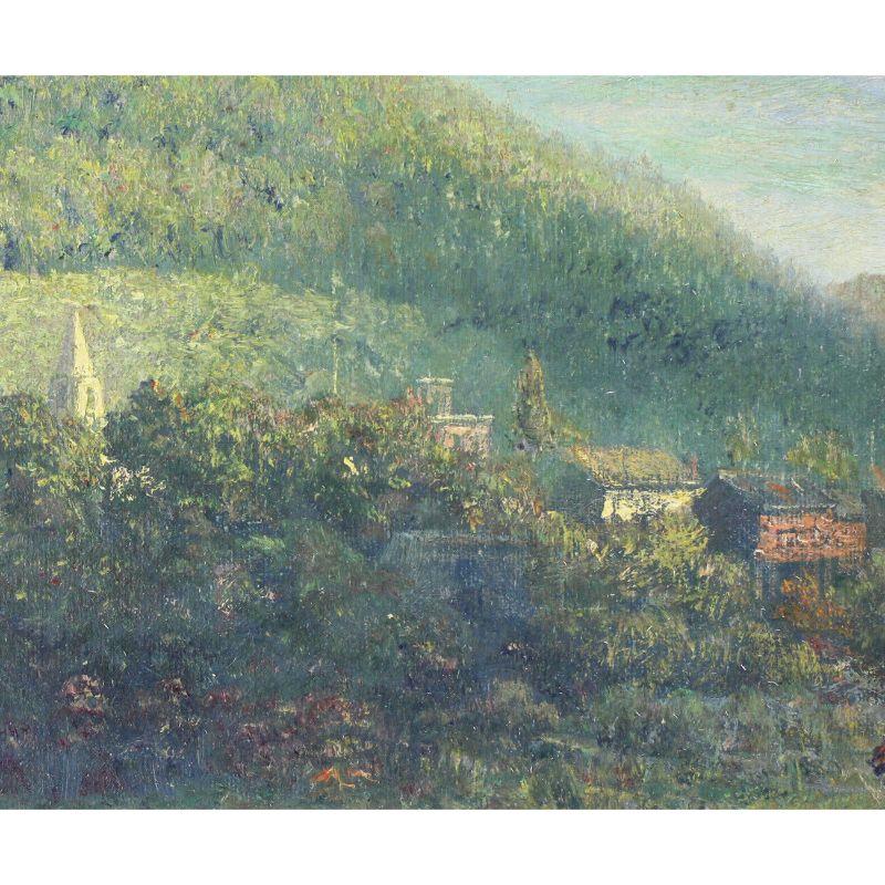 Américain Peinture à l'huile de James Gale Tyler - Paysage avec ville fluviale en vente