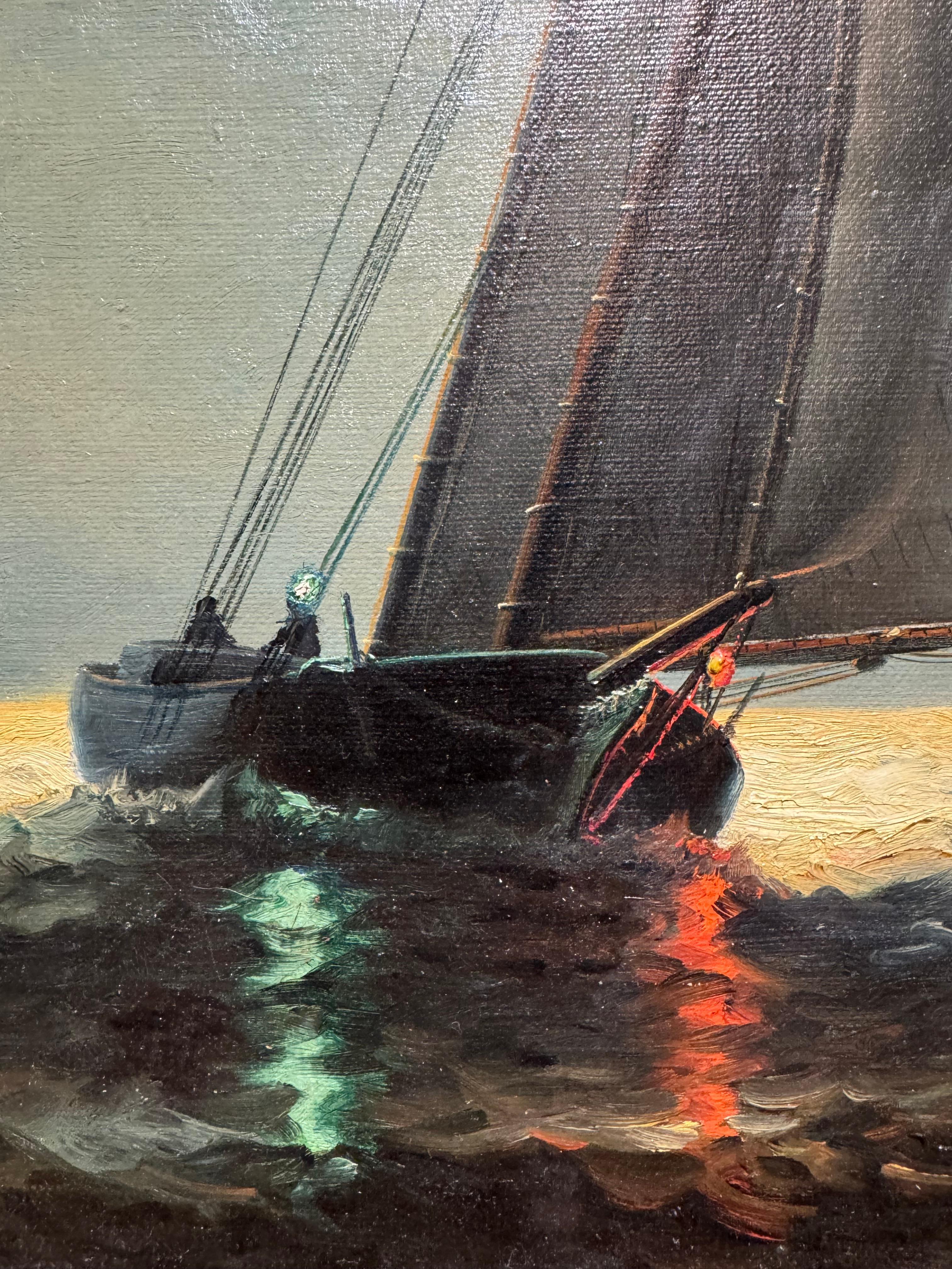 MOONLIT Antique SAILBOAT American NOCTURNAL Maritime Seascape OIL PAINTING 6