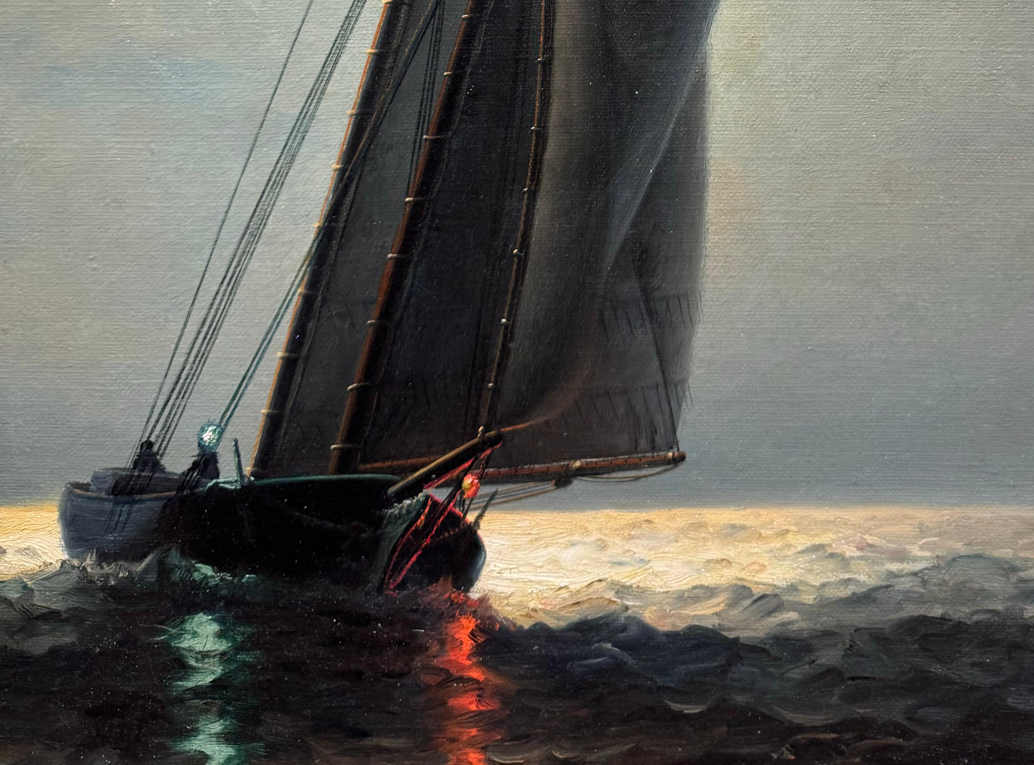 MOONLIT Antique SAILBOAT American NOCTURNAL Maritime Seascape OIL PAINTING 10
