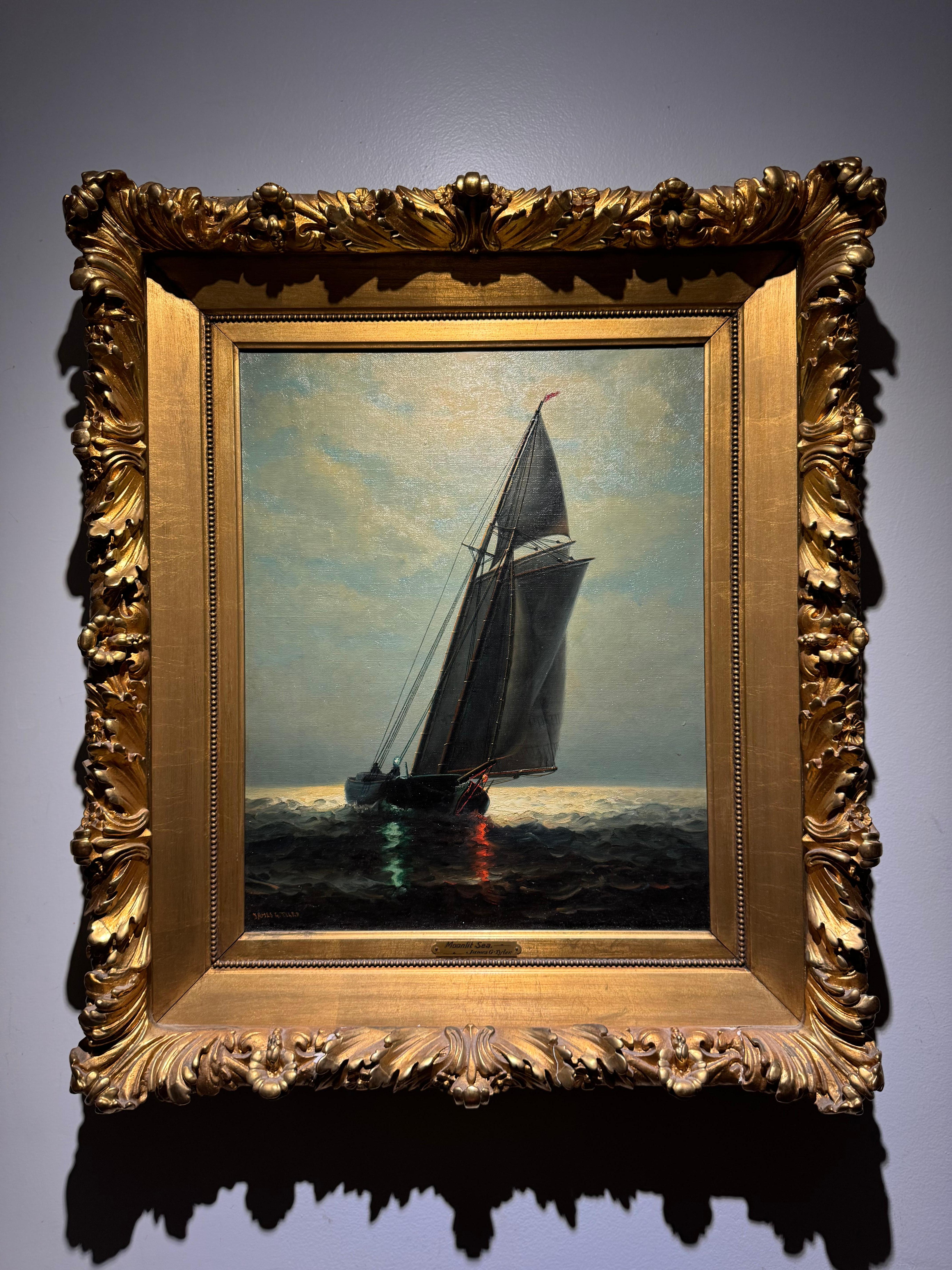 MOONLIT Antique SAILBOAT American NOCTURNAL Maritime Seascape OIL PAINTING - Painting de James Gale Tyler