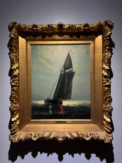 MOONLIT Antique SAILBOAT American NOCTURNAL Maritime Seascape OIL PAINTING