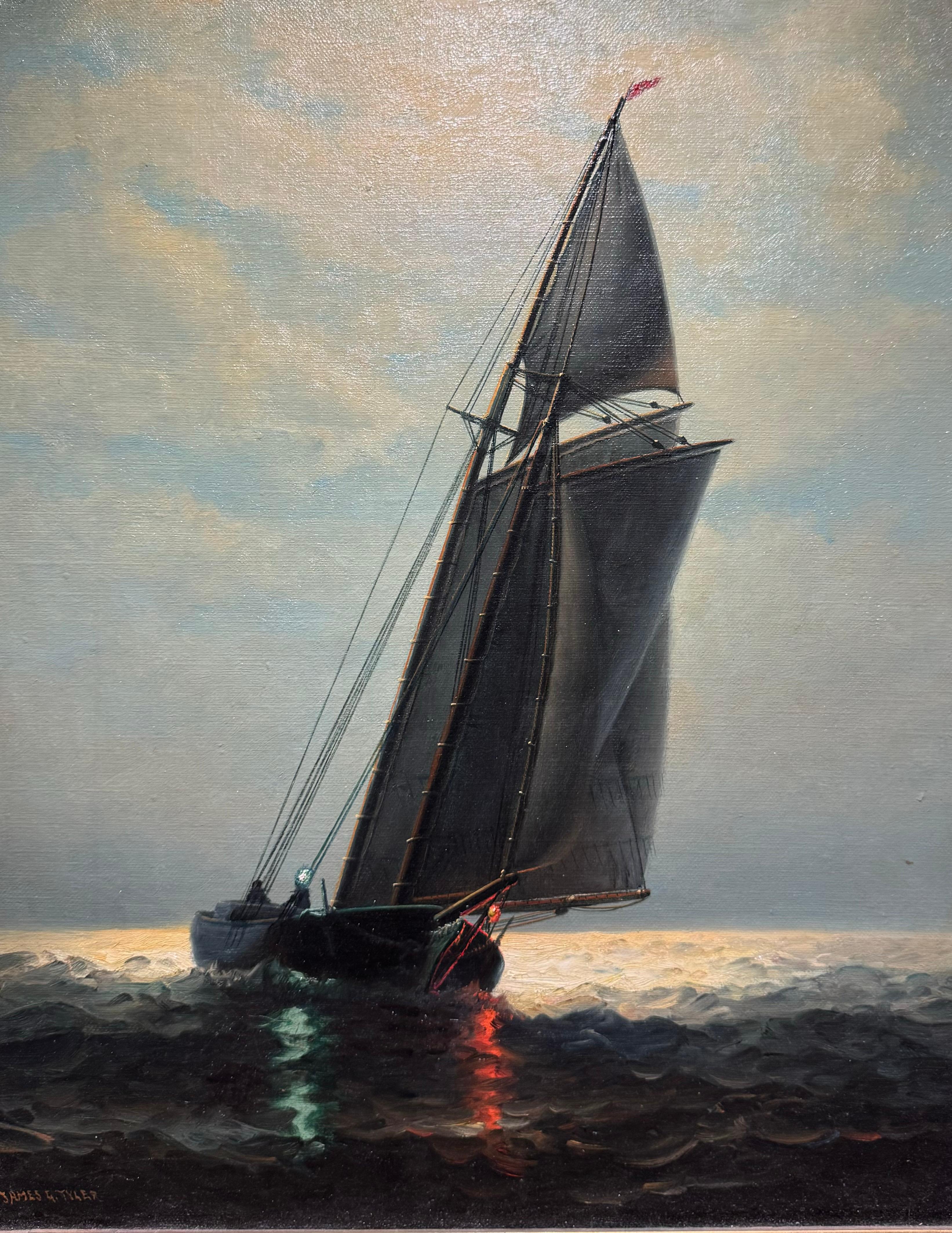MOONLIT Antique SAILBOAT American NOCTURNAL Maritime Seascape OIL PAINTING 1