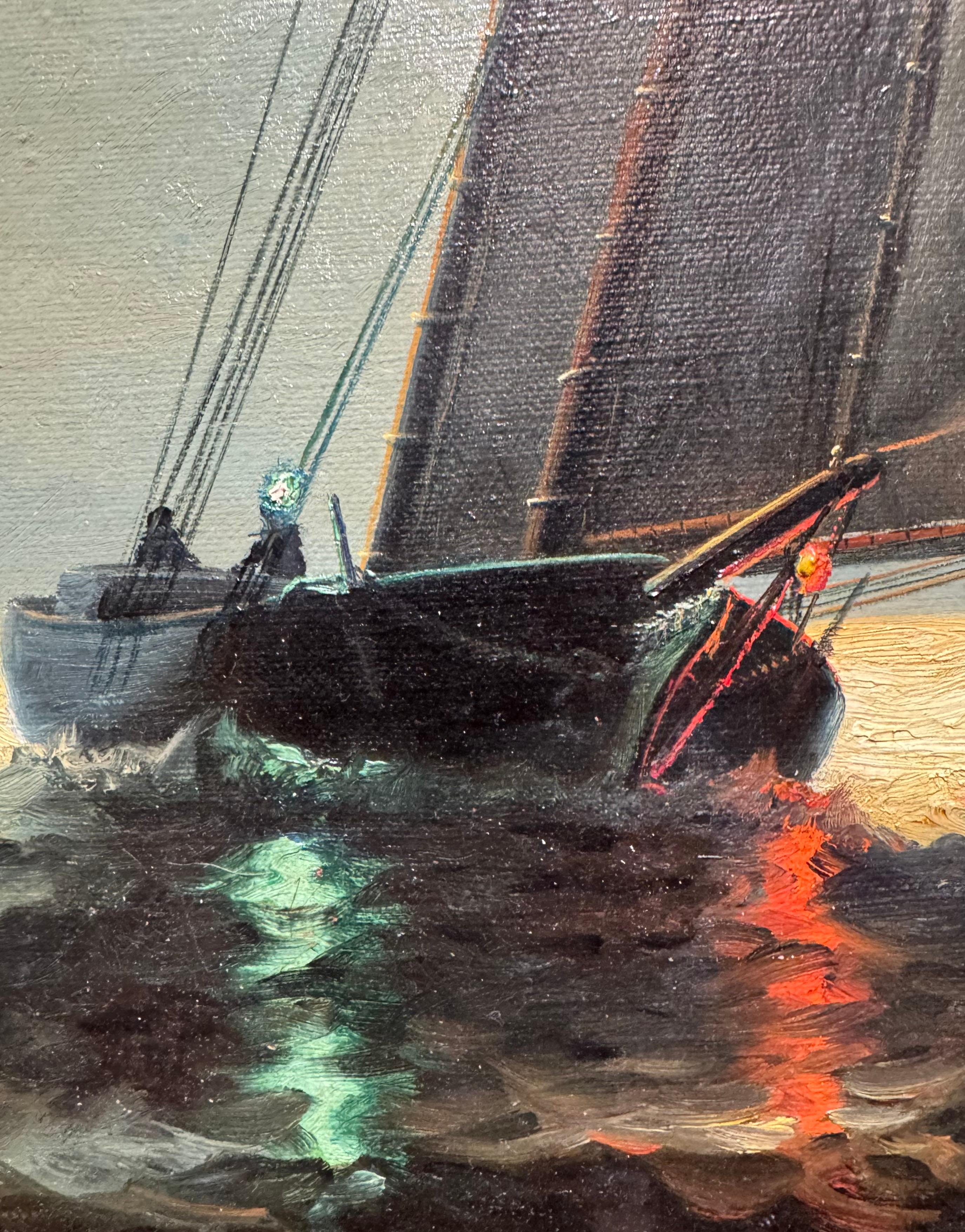 MOONLIT Antique SAILBOAT American NOCTURNAL Maritime Seascape OIL PAINTING 2